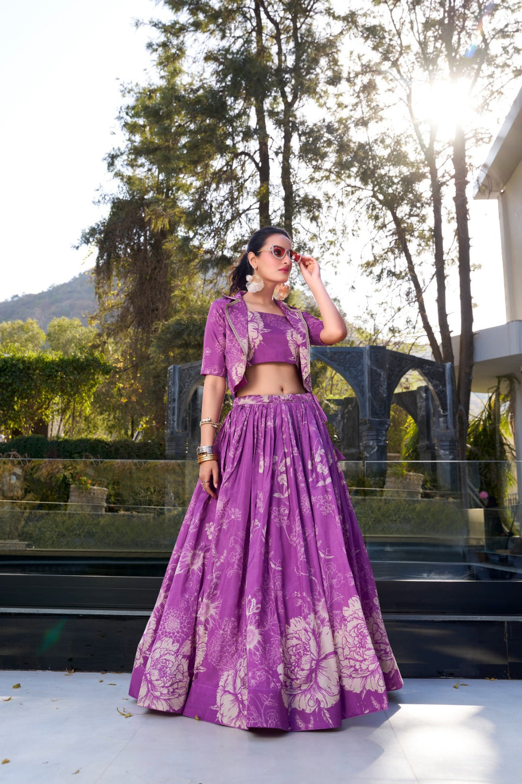 Exquisite Tussar Silk Floral Printed Lehenga Choli  Koti Set - ETHNICDEAL