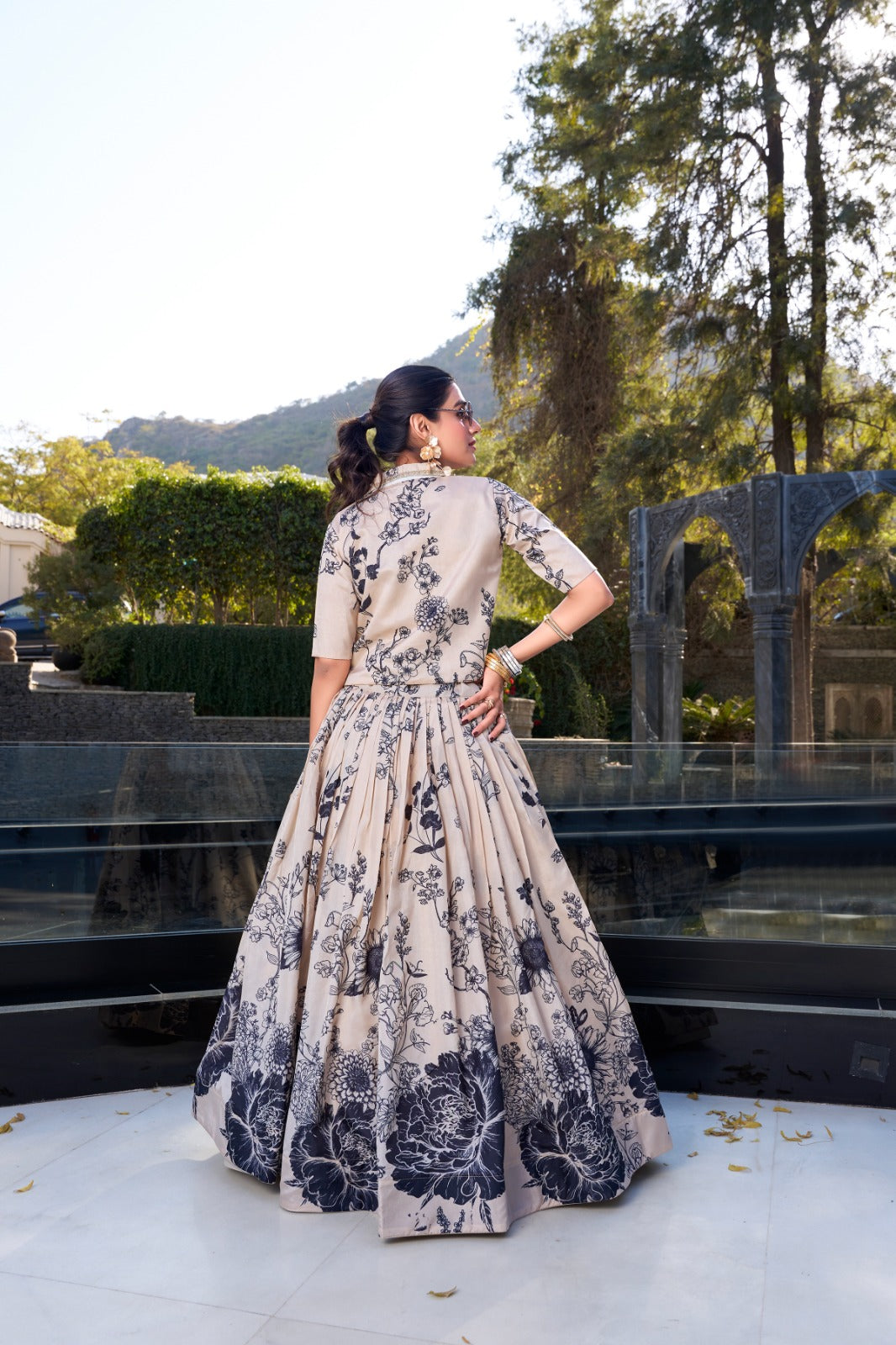 Exquisite Tussar Silk Floral Printed Lehenga Choli  Koti Set - ETHNICDEAL