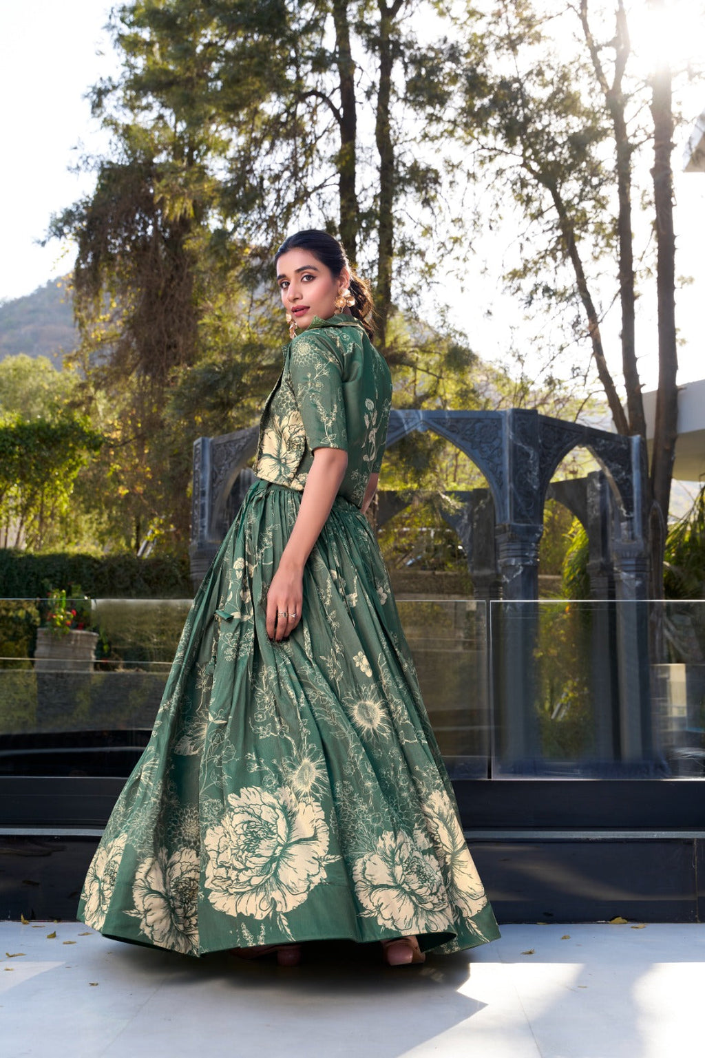 Exquisite Tussar Silk Floral Printed Lehenga Choli  Koti Set - ETHNICDEAL