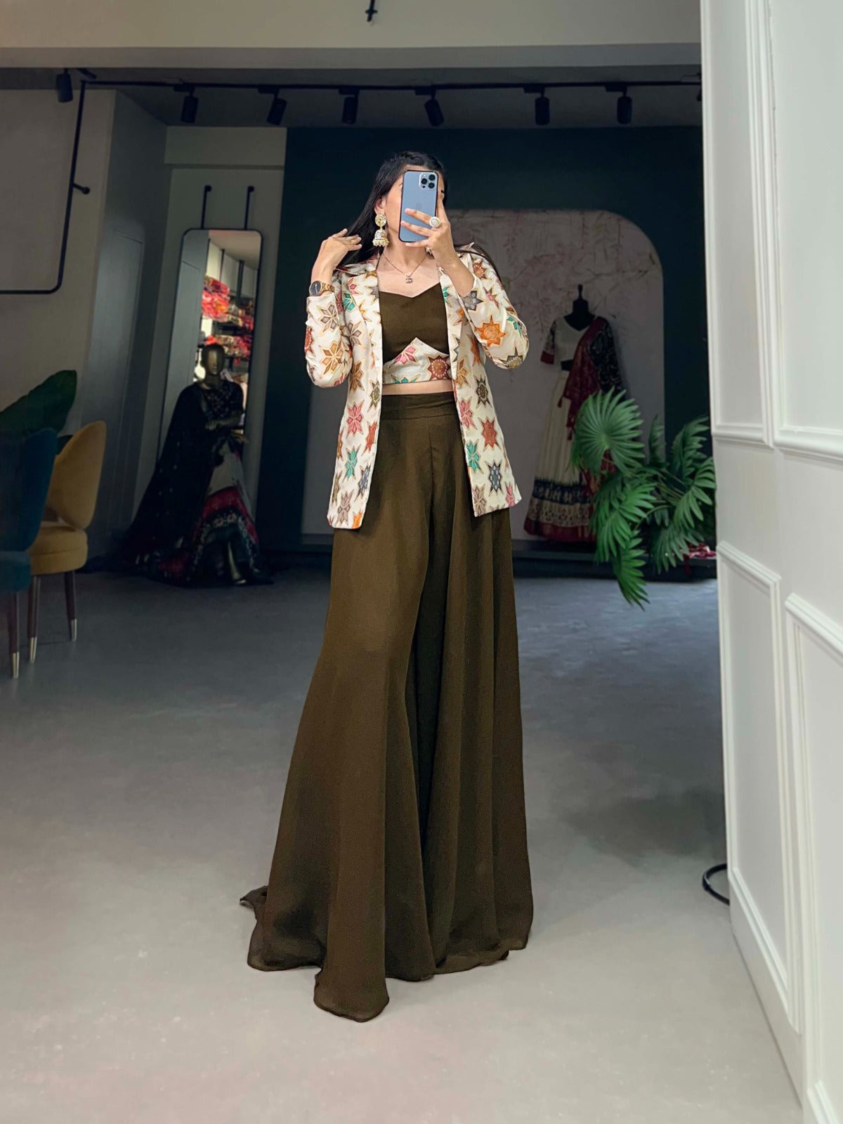 Breathtaking Mehendi Green Georgette Blouse Koti Palazzo Set - Ethnicwish