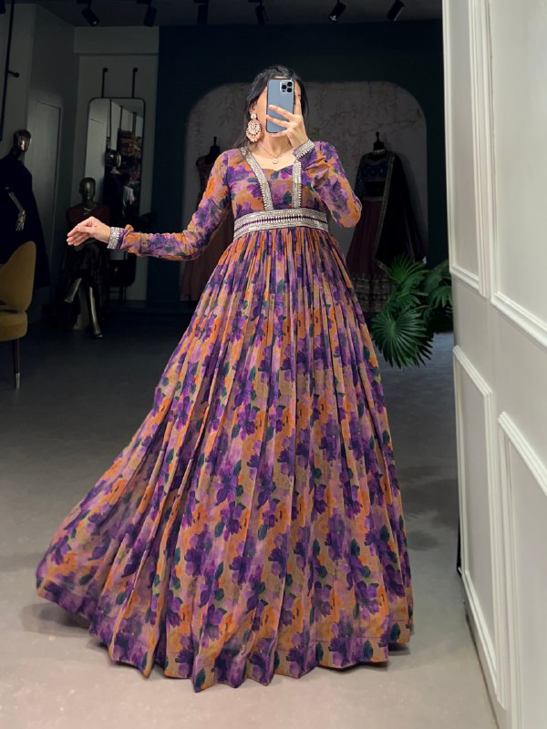 Fabulous Georgette Floral Printed Lace Border Worked Gown - ETHNICDEAL