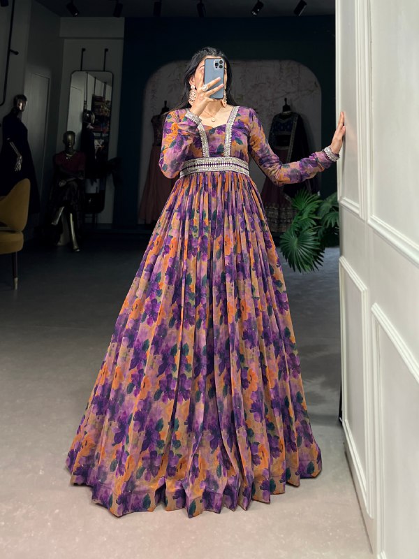 Fabulous Georgette Floral Printed Lace Border Worked Gown - ETHNICDEAL