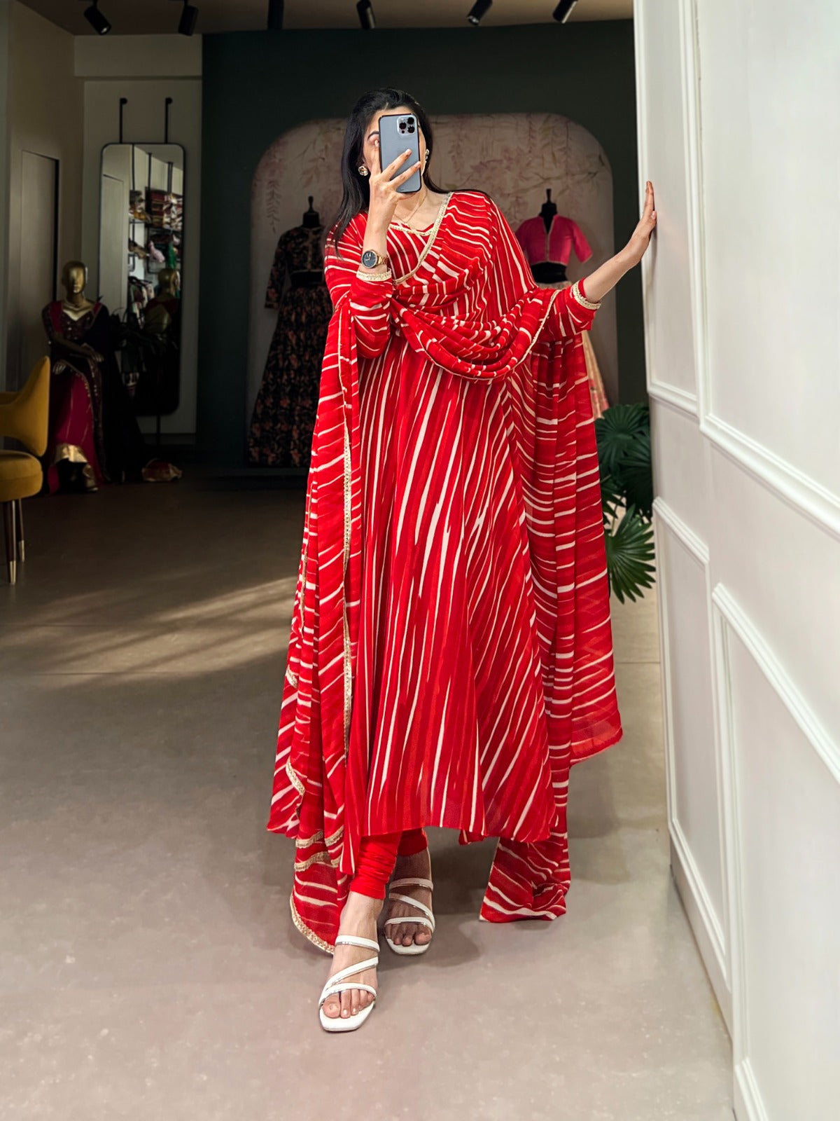 Spellbinding Georgette Leheriya Printed Stitched Designer Gown - Ethnicwish