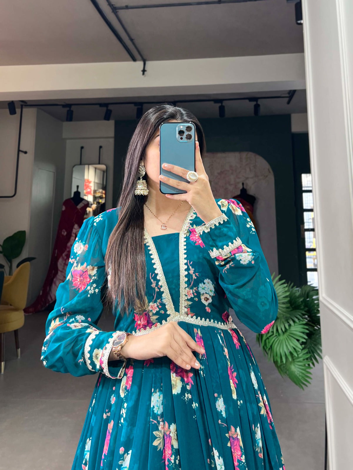 Spellbinding Firozi Georgette Lace Border Worked Stitched Gown - Ethnicwish