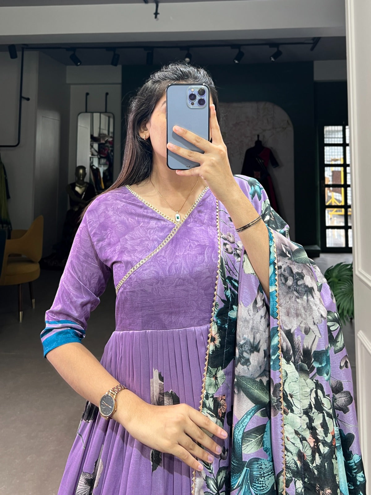 Exquisite Lavender Floral Printed Lace Worked Tussar Silk Gown - Ethnicwish