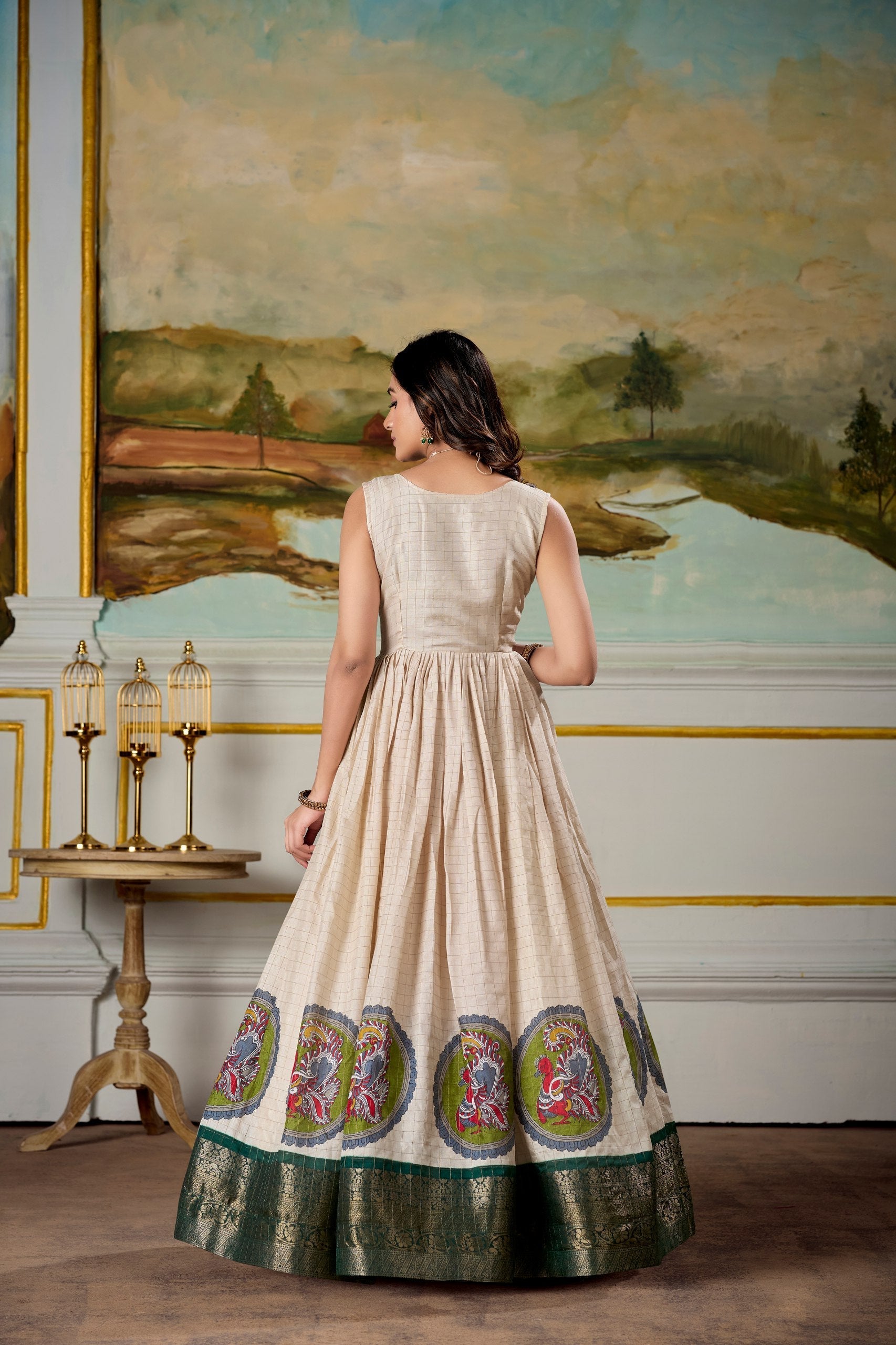 Radiant Dola Silk Kalamkari Printed Gown With Koti - ETHNICDEAL