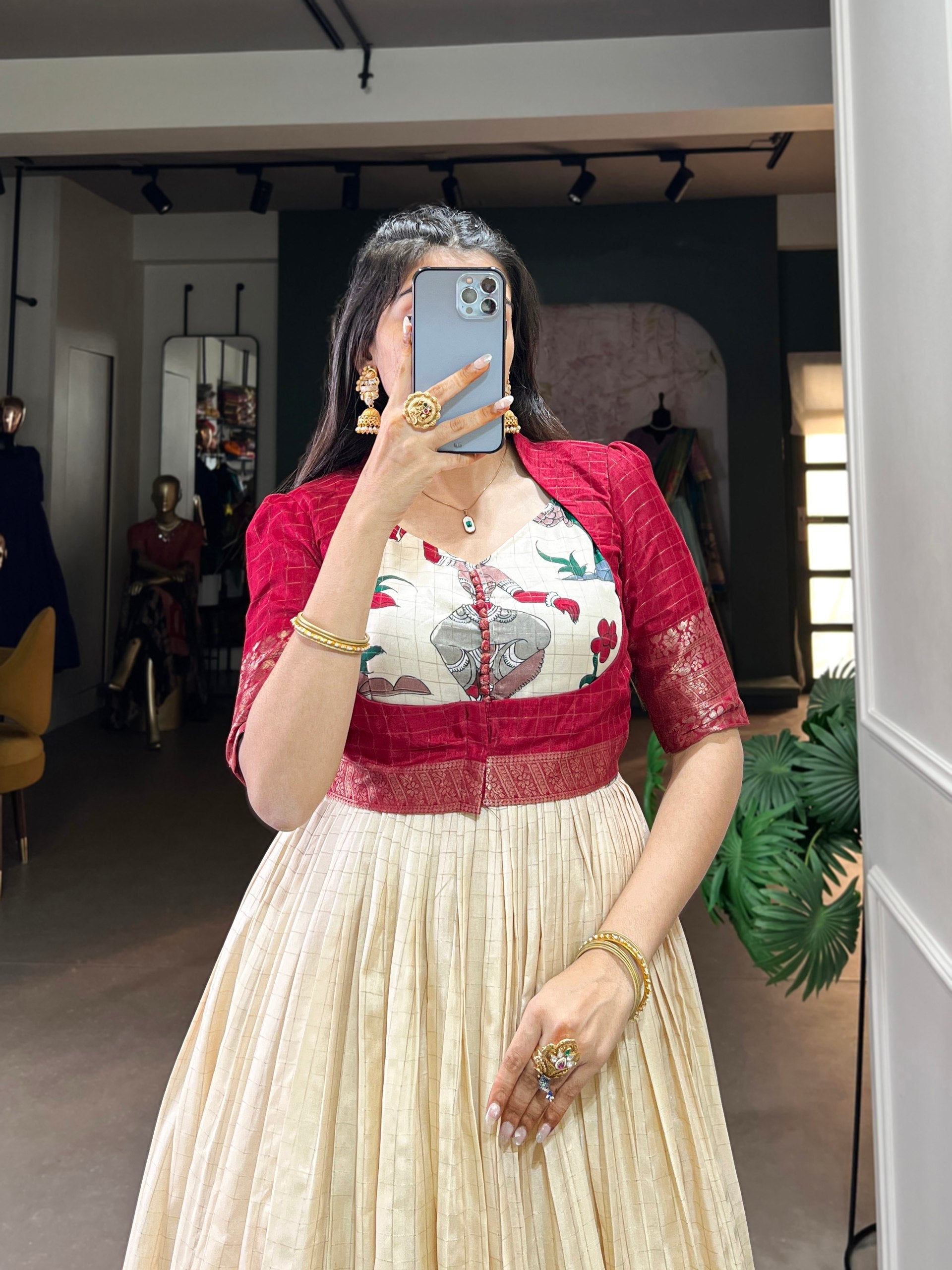 Radiant Dola Silk Kalamkari Printed Gown With Koti - ETHNICDEAL