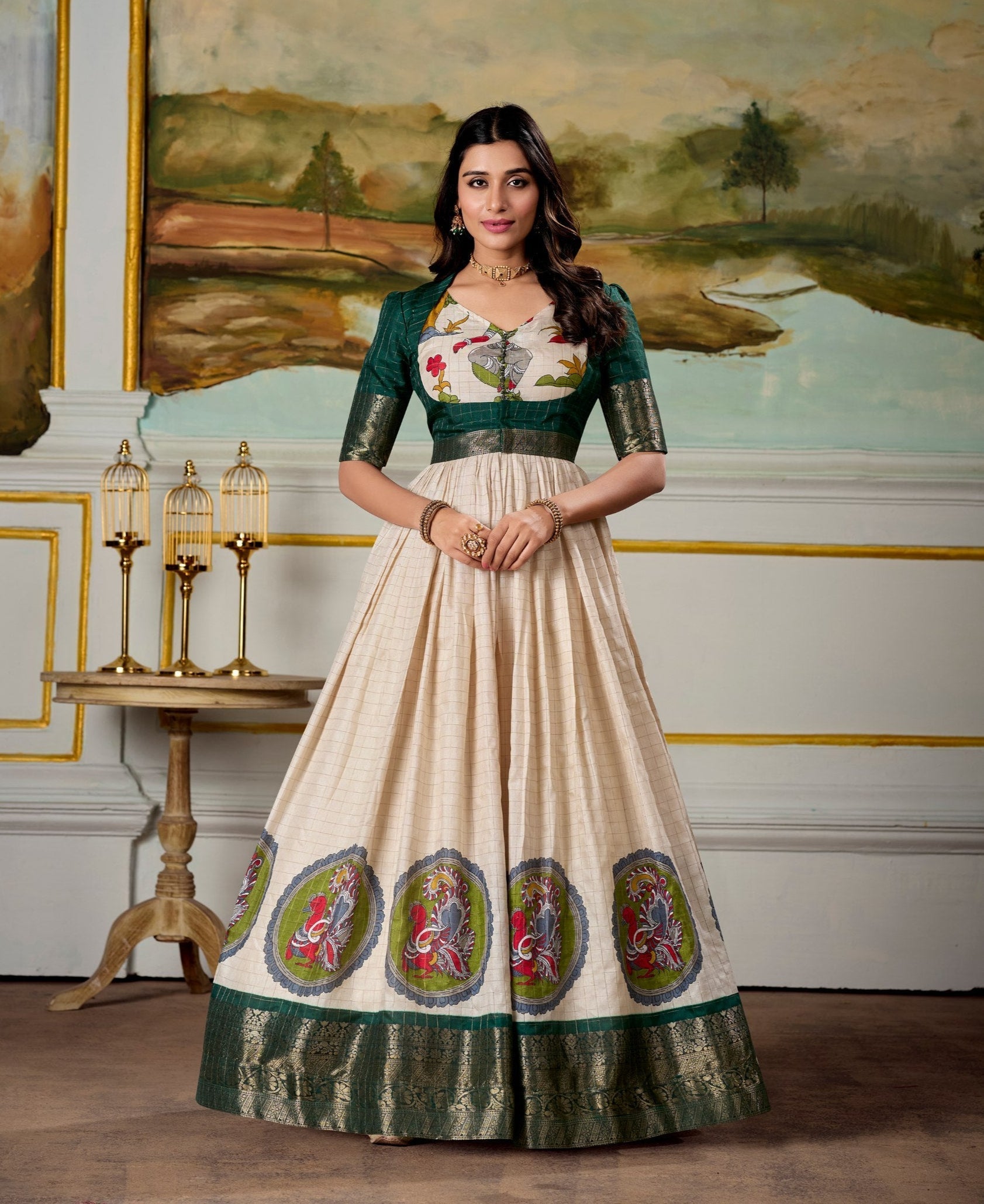 Radiant Dola Silk Kalamkari Printed Gown With Koti - ETHNICDEAL