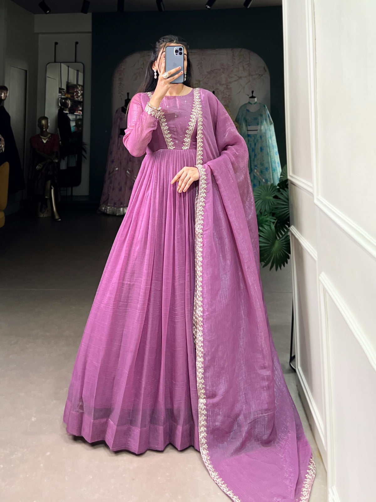 Magnificent Silver Glory Sequins Thread Worked Gown With Dupatta - ETHNICDEAL