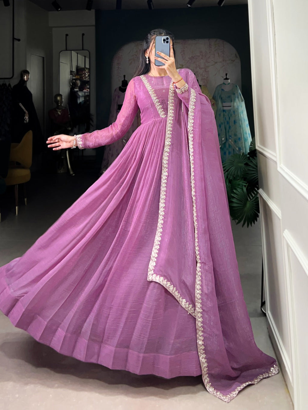 Magnificent Silver Glory Sequins Thread Worked Gown With Dupatta - ETHNICDEAL