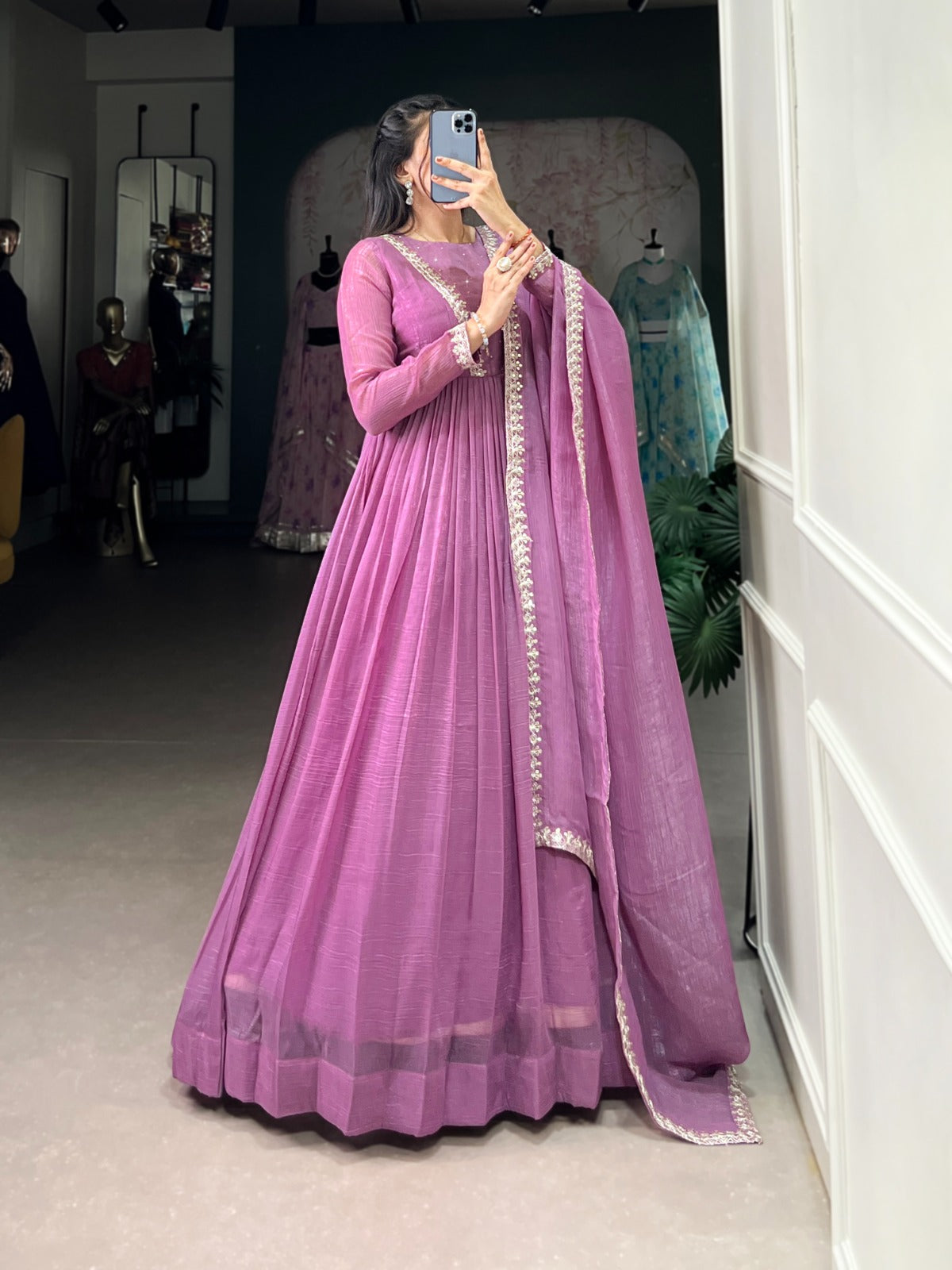 Magnificent Silver Glory Sequins Thread Worked Gown With Dupatta - ETHNICDEAL