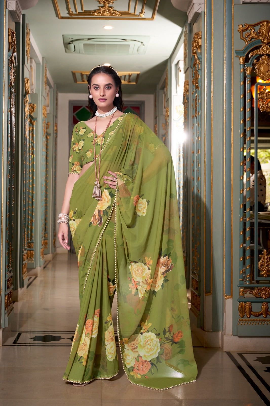 Stunning Georgette Floral Printed Pearl Lace Border Worked Saree - ETHNICDEAL