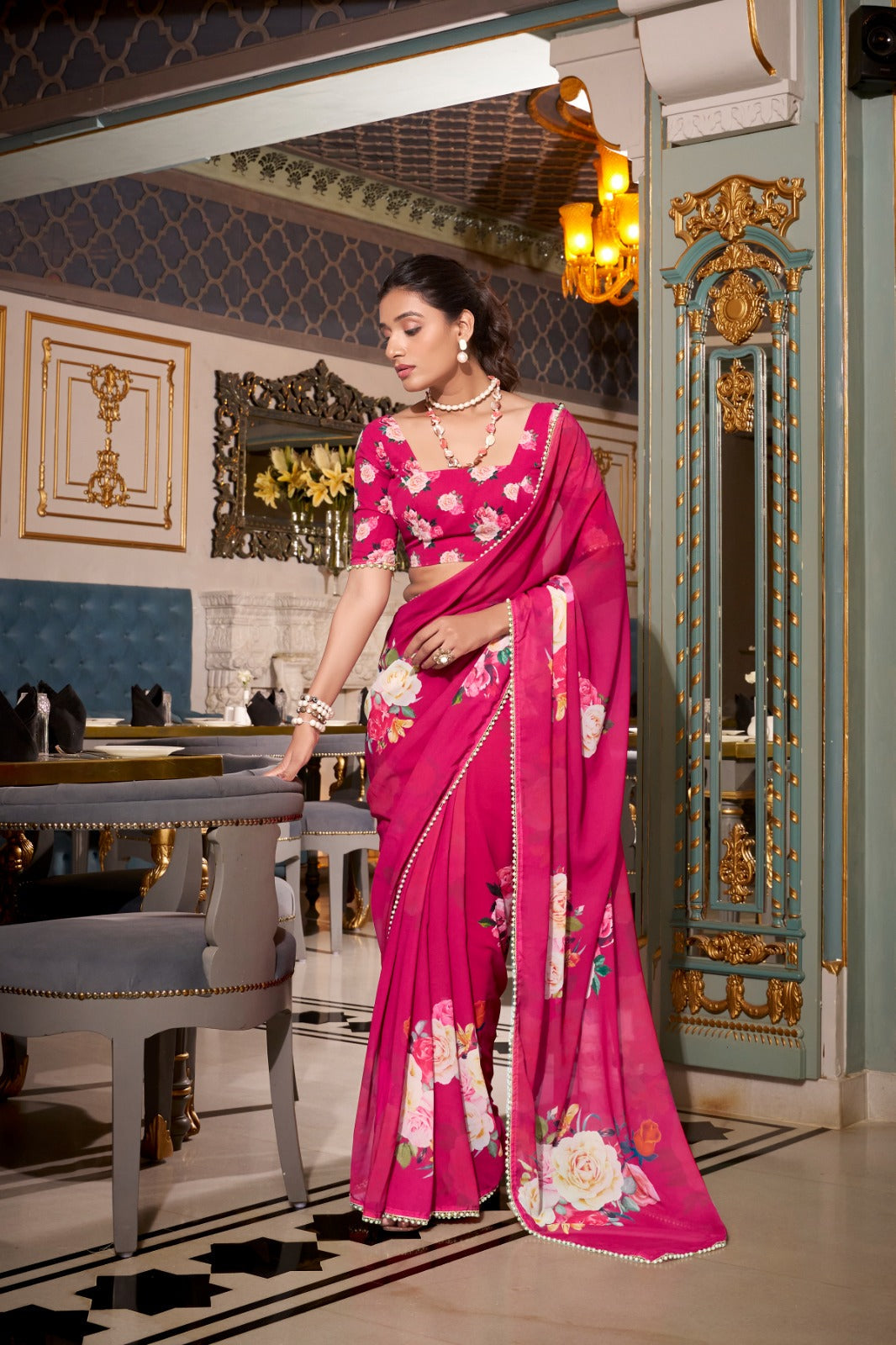 Stunning Georgette Floral Printed Pearl Lace Border Worked Saree - ETHNICDEAL