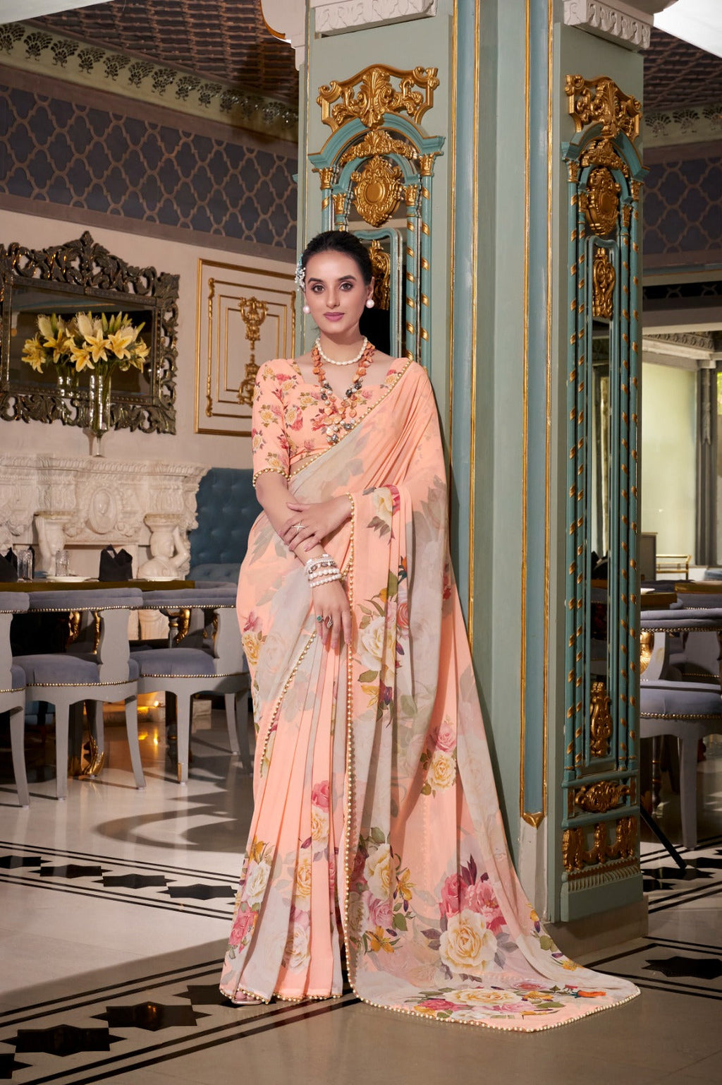 Stunning Georgette Floral Printed Pearl Lace Border Worked Saree - ETHNICDEAL