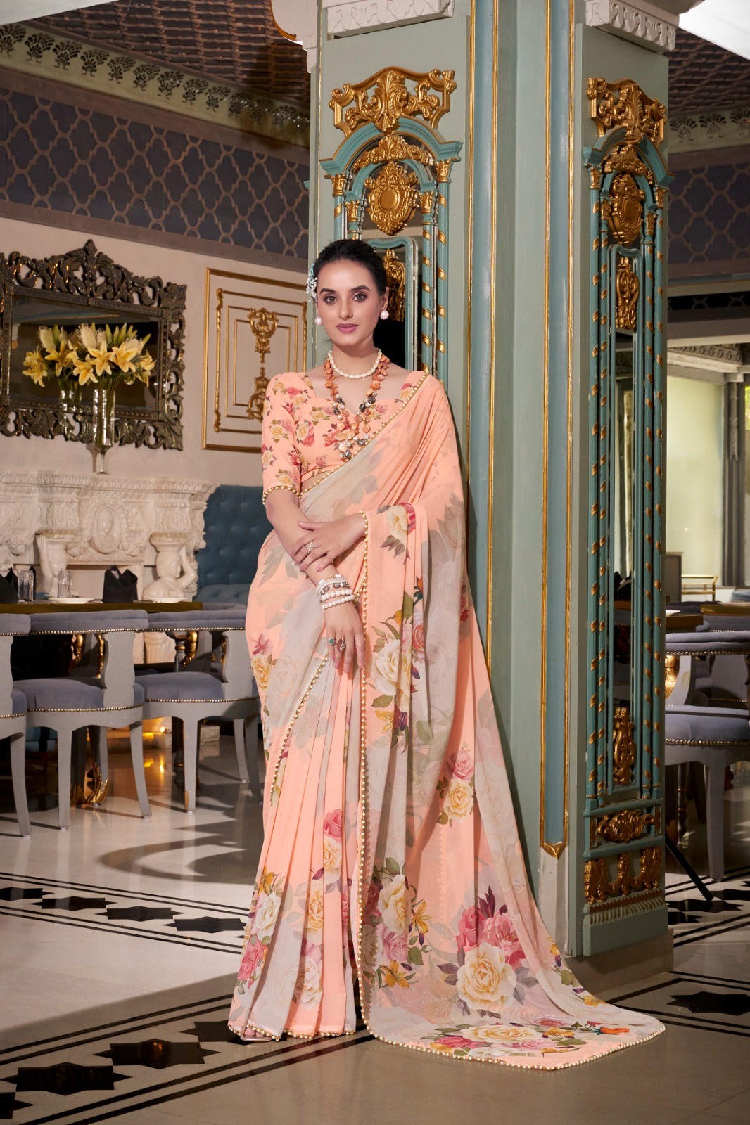 Stunning Georgette Floral Printed Pearl Lace Border Worked Saree - ETHNICDEAL