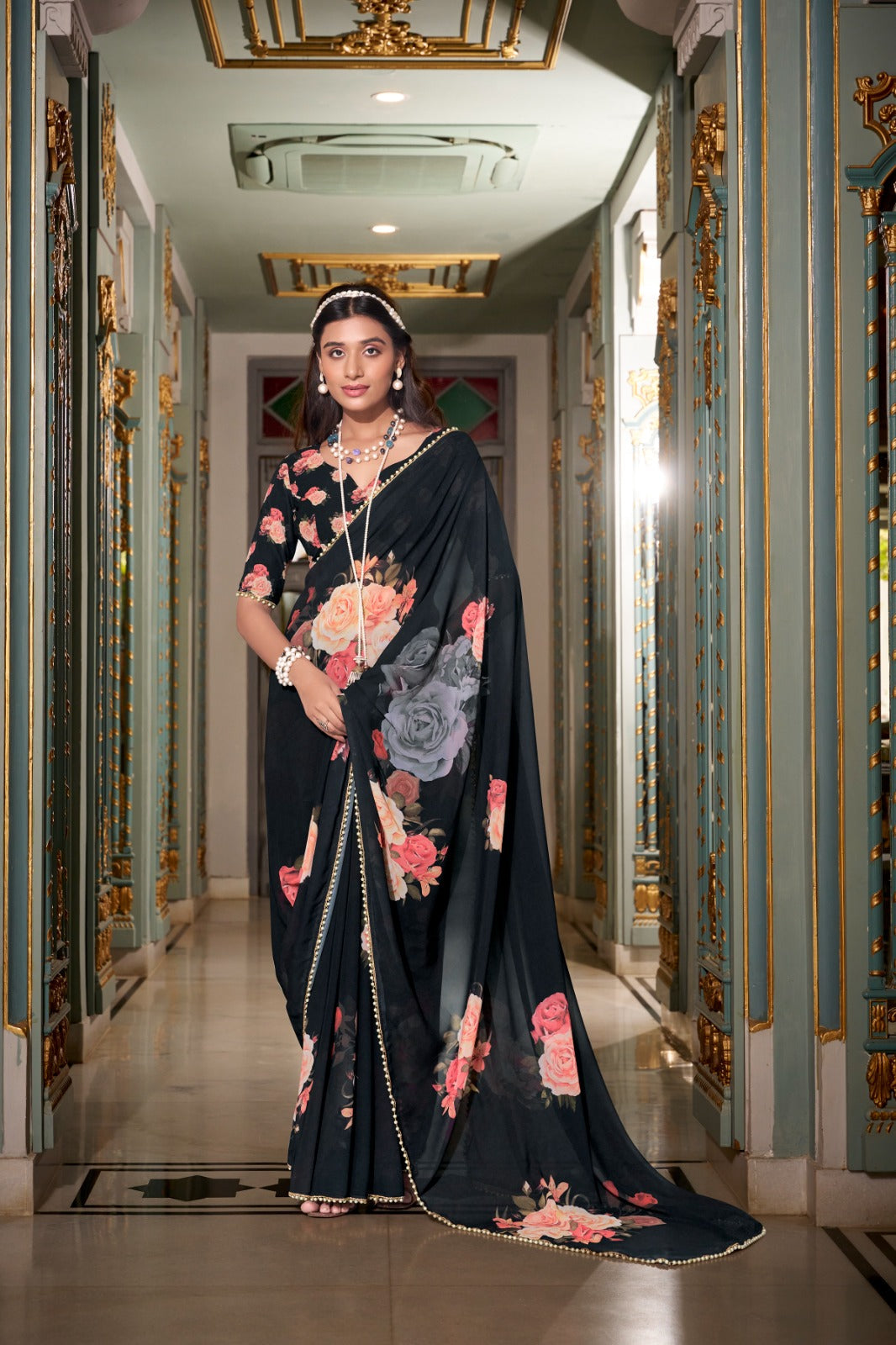 Stunning Georgette Floral Printed Pearl Lace Border Worked Saree - ETHNICDEAL