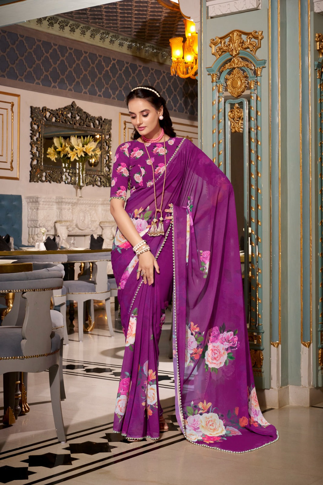 Stunning Georgette Floral Printed Pearl Lace Border Worked Saree - ETHNICDEAL