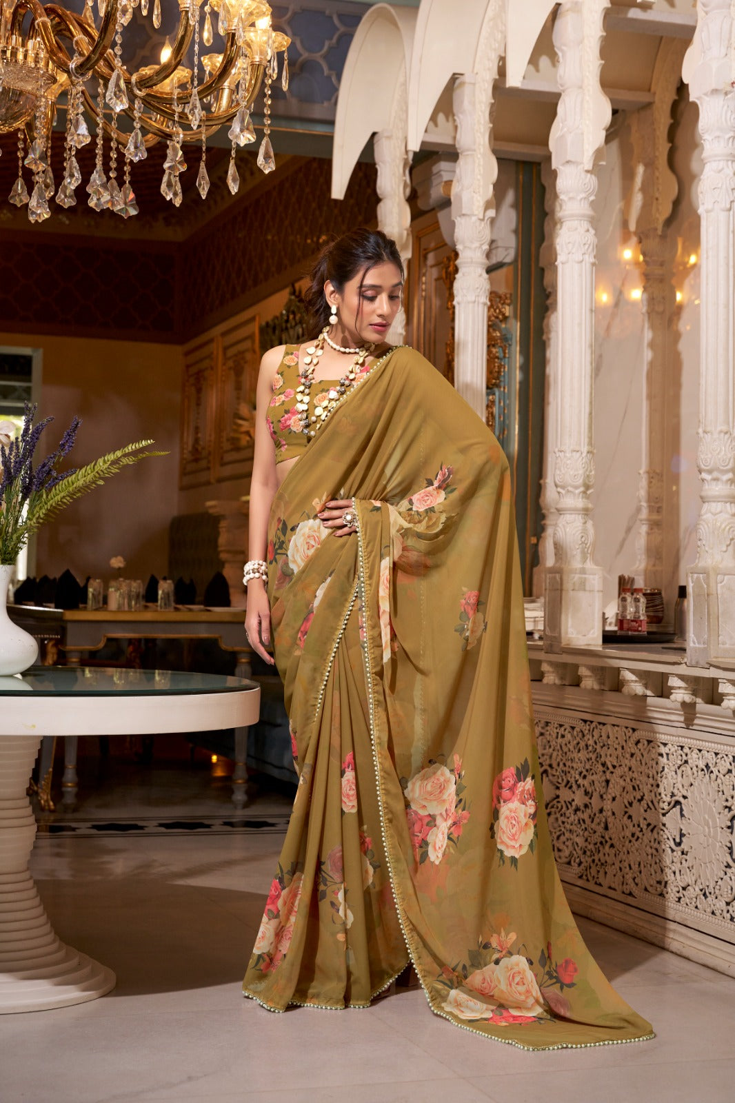 Stunning Georgette Floral Printed Pearl Lace Border Worked Saree - ETHNICDEAL