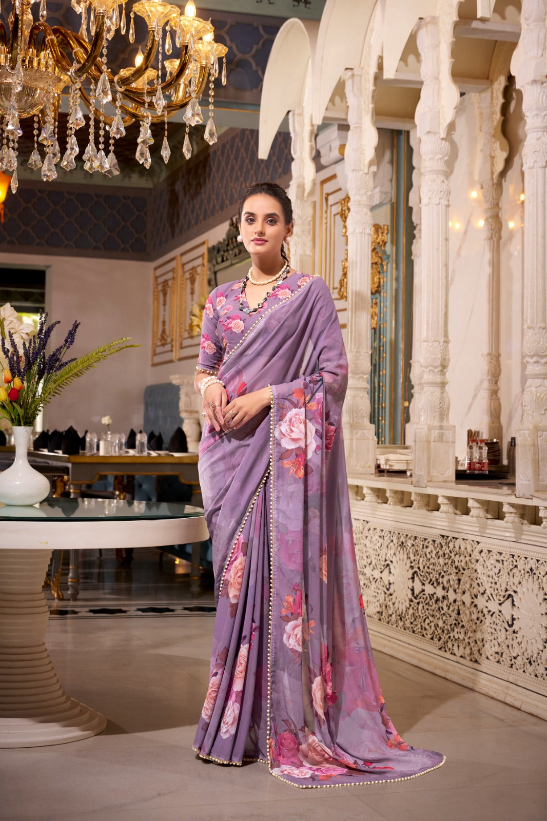 Stunning Georgette Floral Printed Pearl Lace Border Worked Saree - ETHNICDEAL