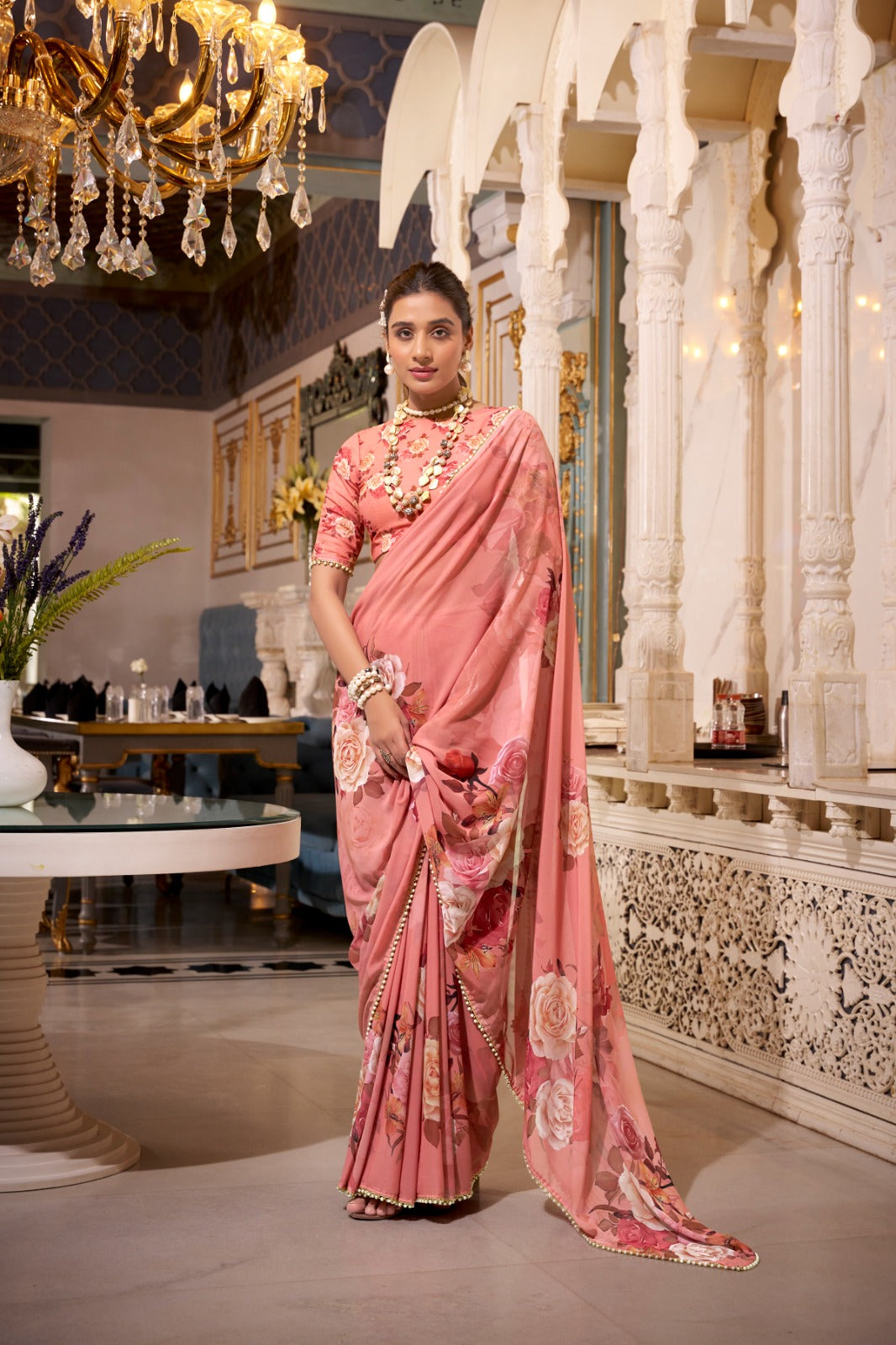 Stunning Georgette Floral Printed Pearl Lace Border Worked Saree - ETHNICDEAL