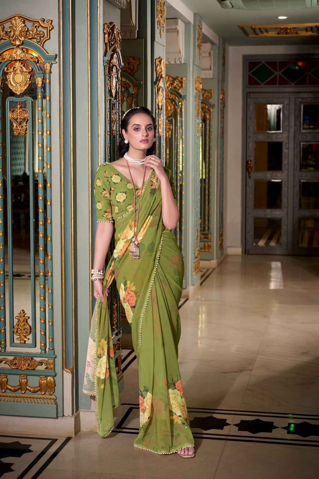 Stunning Georgette Floral Printed Pearl Lace Border Worked Saree - ETHNICDEAL