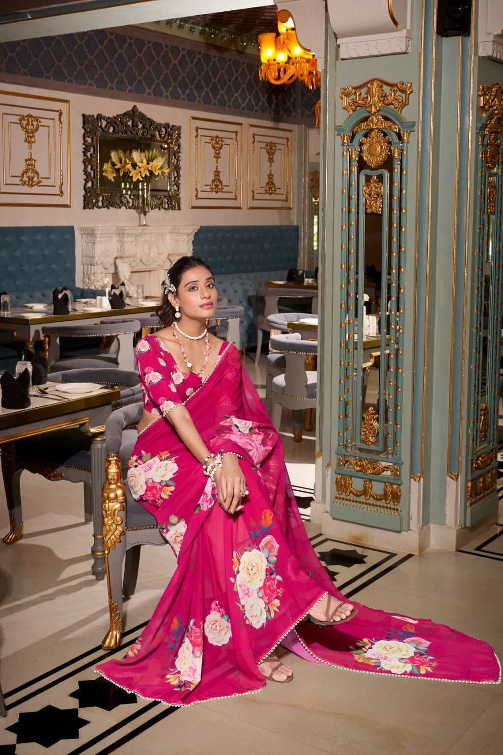 Stunning Georgette Floral Printed Pearl Lace Border Worked Saree - ETHNICDEAL