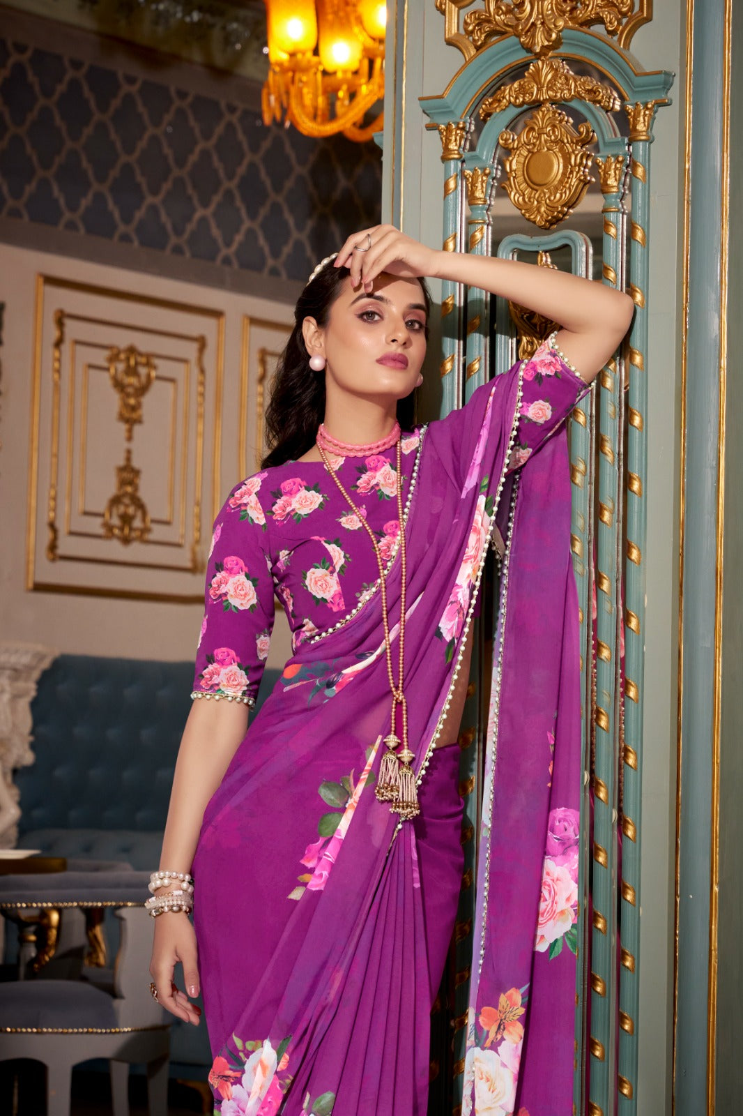 Stunning Georgette Floral Printed Pearl Lace Border Worked Saree - ETHNICDEAL