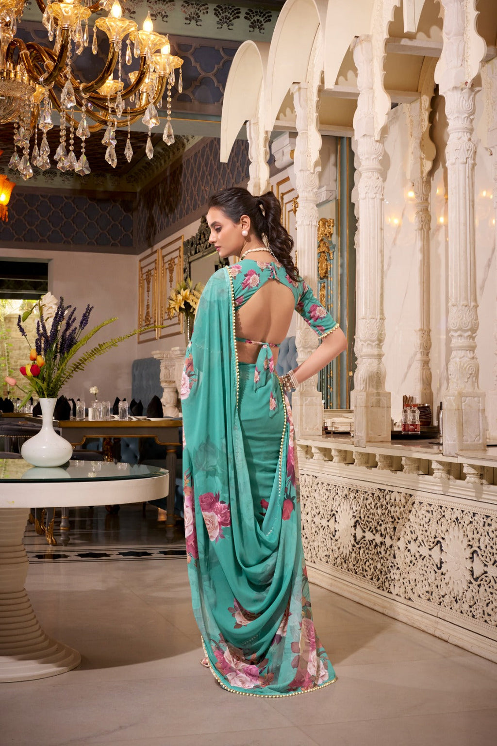 Stunning Georgette Floral Printed Pearl Lace Border Worked Saree - ETHNICDEAL