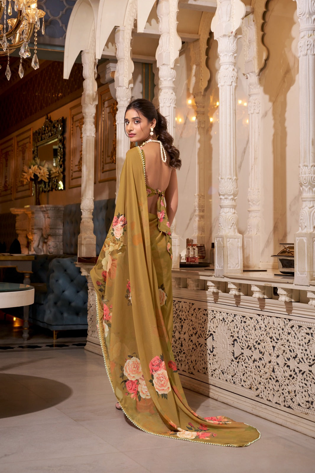 Stunning Georgette Floral Printed Pearl Lace Border Worked Saree - ETHNICDEAL