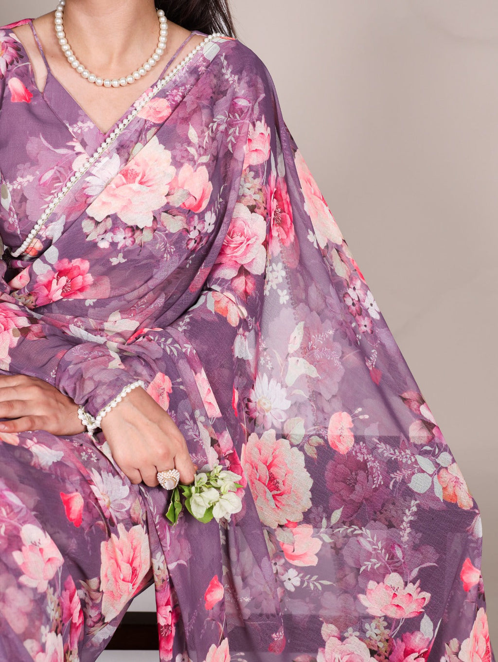 Radiant Georgette Floral Digital Printed Pearl Lace Worked Saree - Ethnicwish