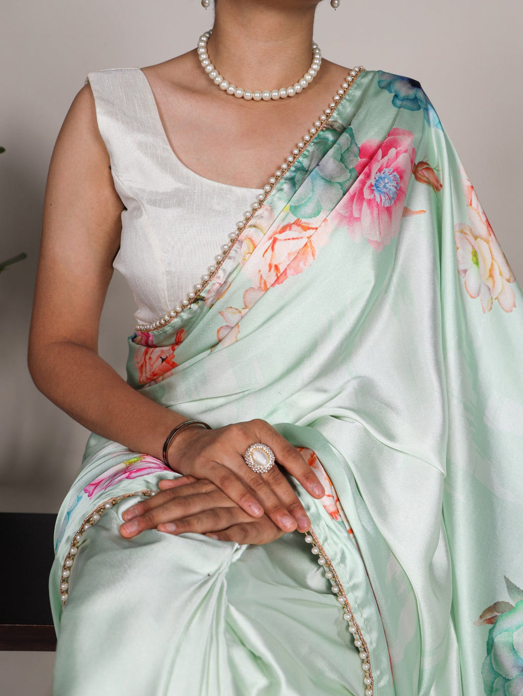 Mesmerizing Pista Green Satin Silk Floral Printed Pearl Lace Border Saree - Ethnicwish