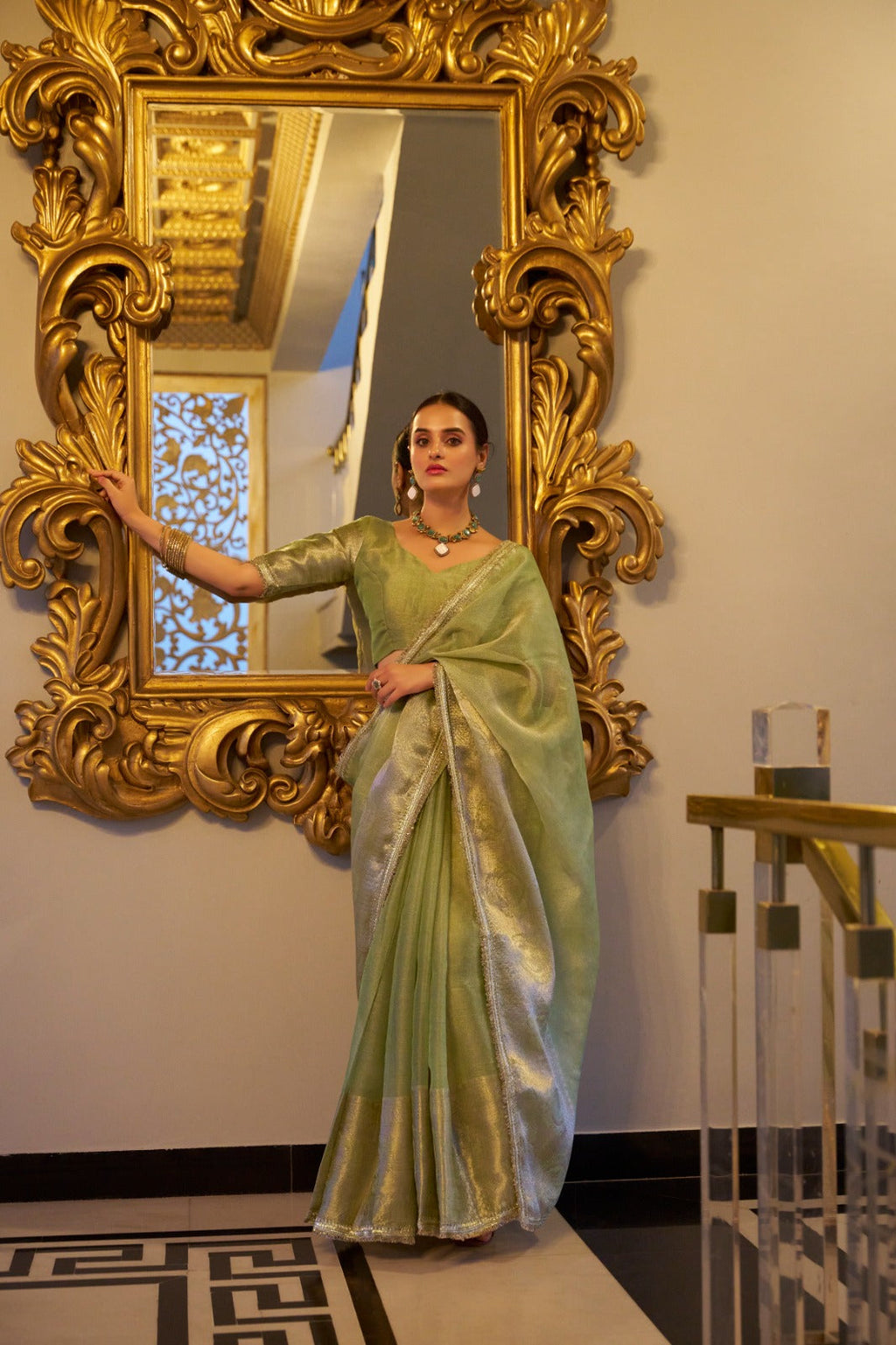 Elegant Tissue Shimmer Saree With Zari Weaving Work - ETHNICDEAL