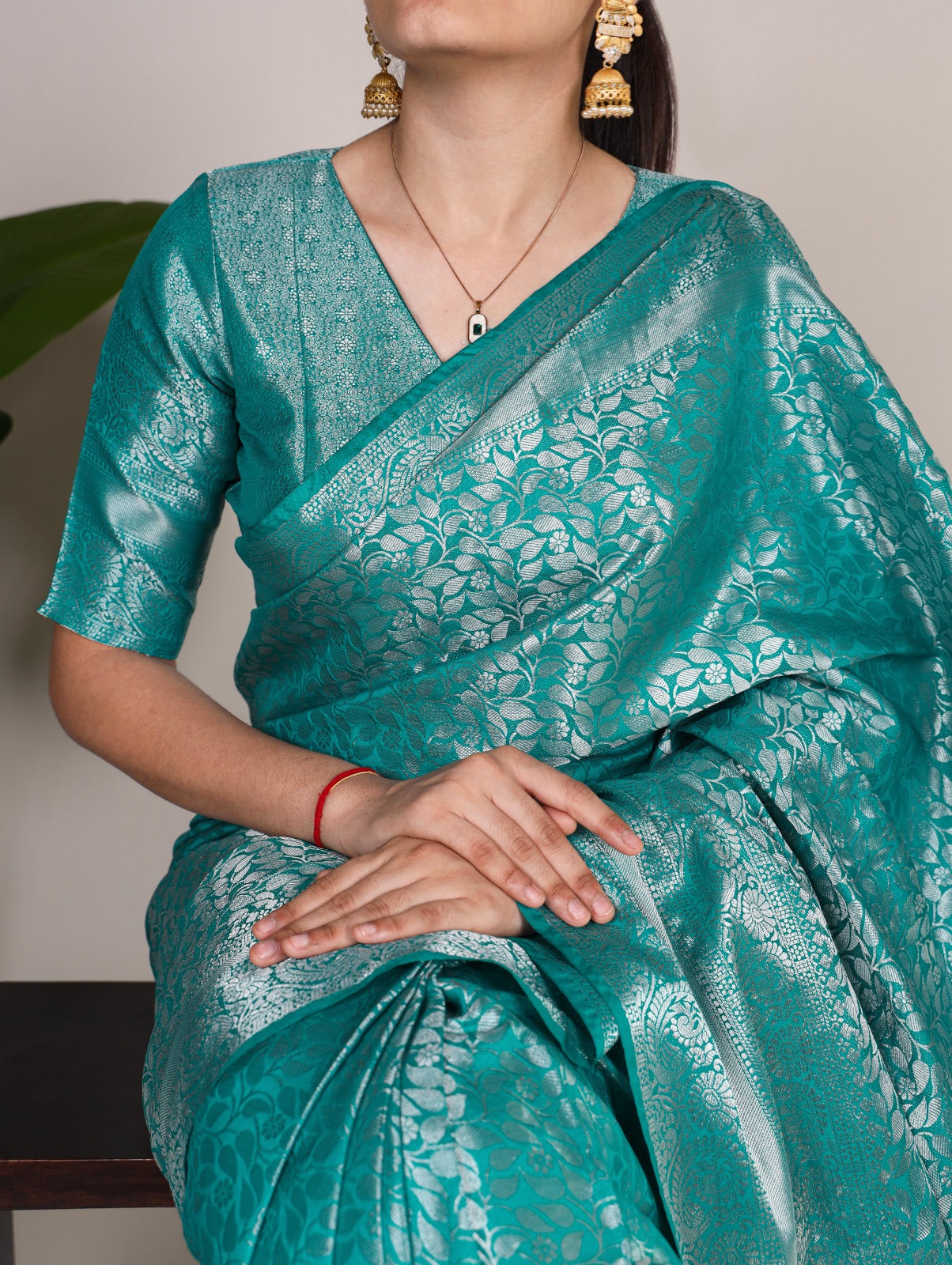 Graceful Firozi Kanjivaram Silk Zari Weaving Worked Saree - Ethnicwish