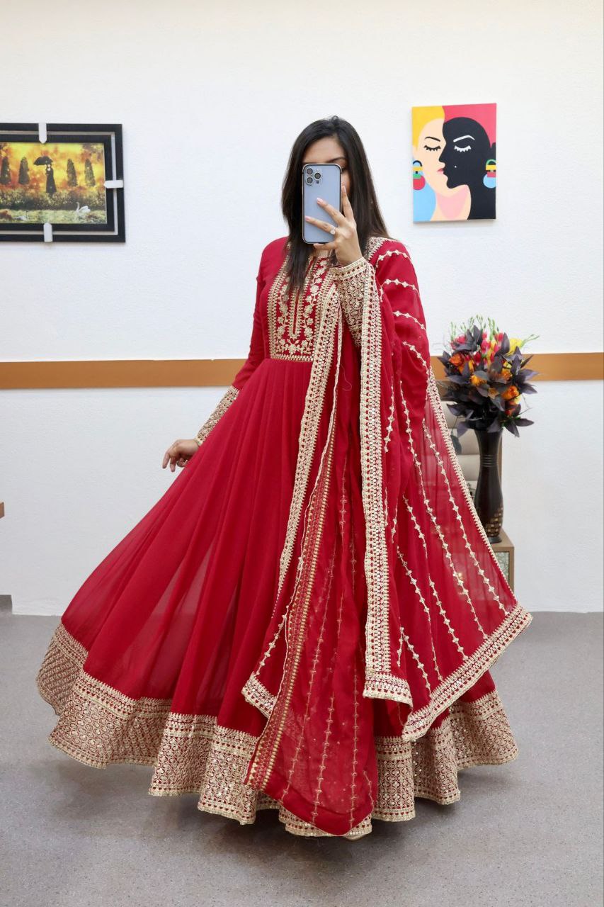 Breathtaking Faux Georgette Sequins Cording Worked Designer Gown - Ethnicwish