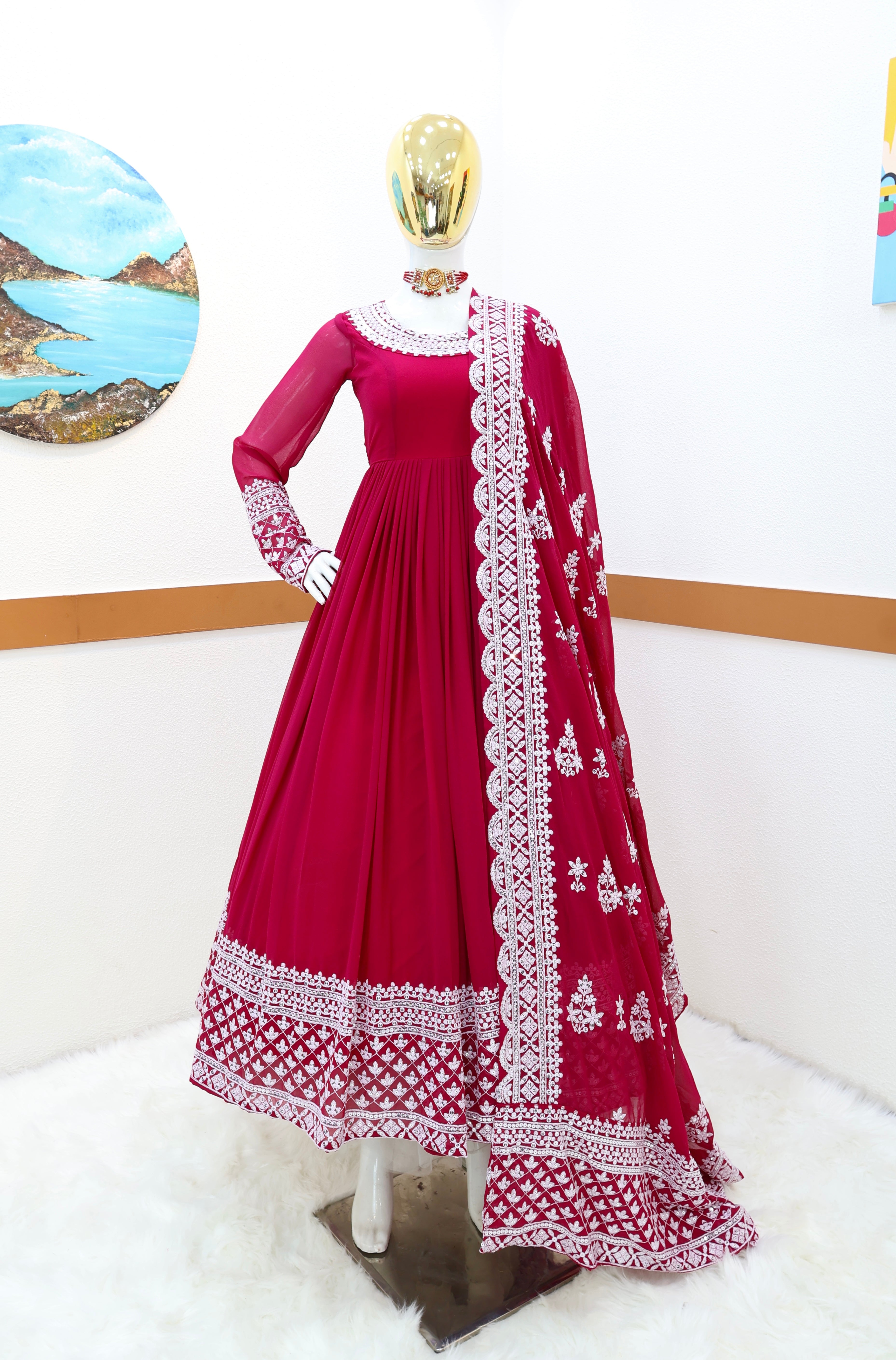 Breathtaking Faux Georgette Sequins Cording Worked Designer Gown - Ethnicwish