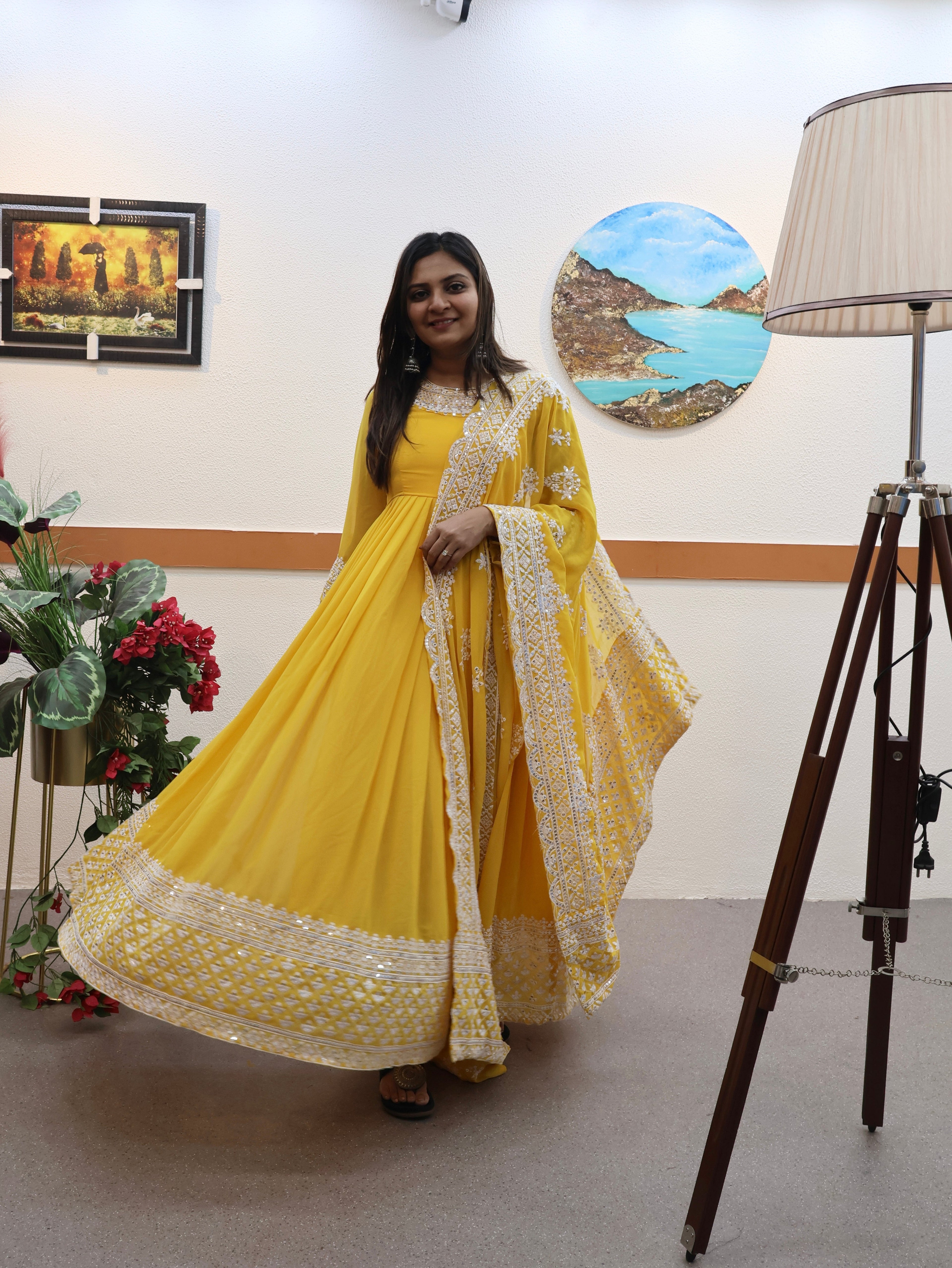 Breathtaking Faux Georgette Sequins Cording Worked Designer Gown - Ethnicwish