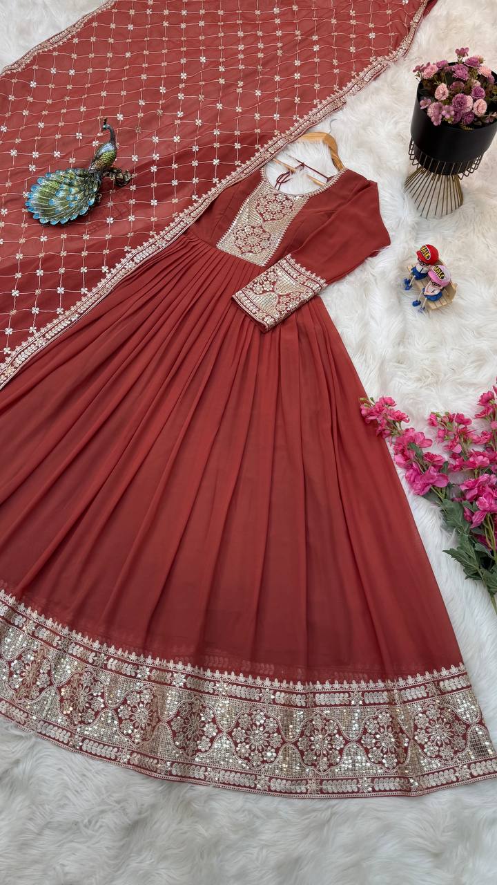 Breathtaking Faux Georgette Sequins Cording Worked Designer Gown - Ethnicwish