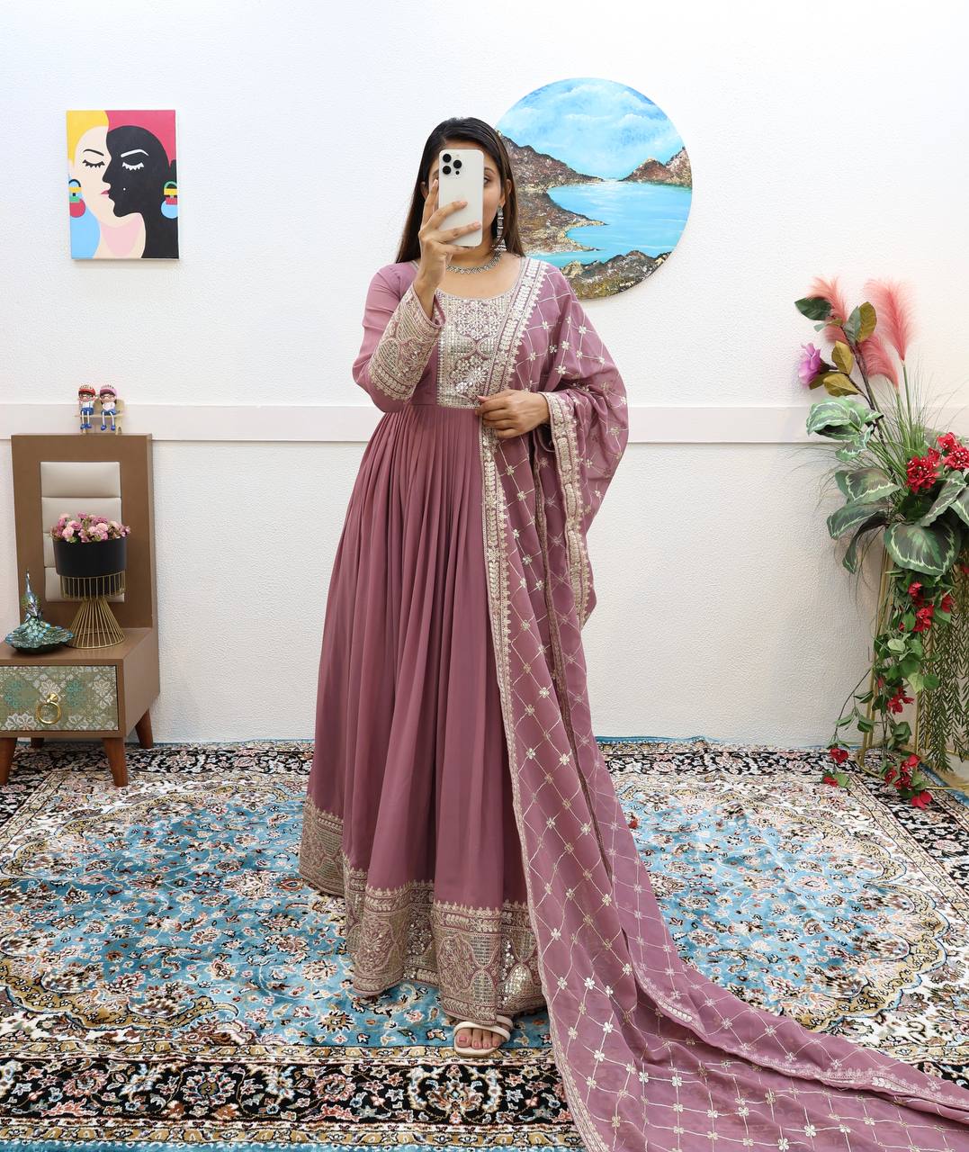 Breathtaking Faux Georgette Sequins Cording Worked Designer Gown - Ethnicwish
