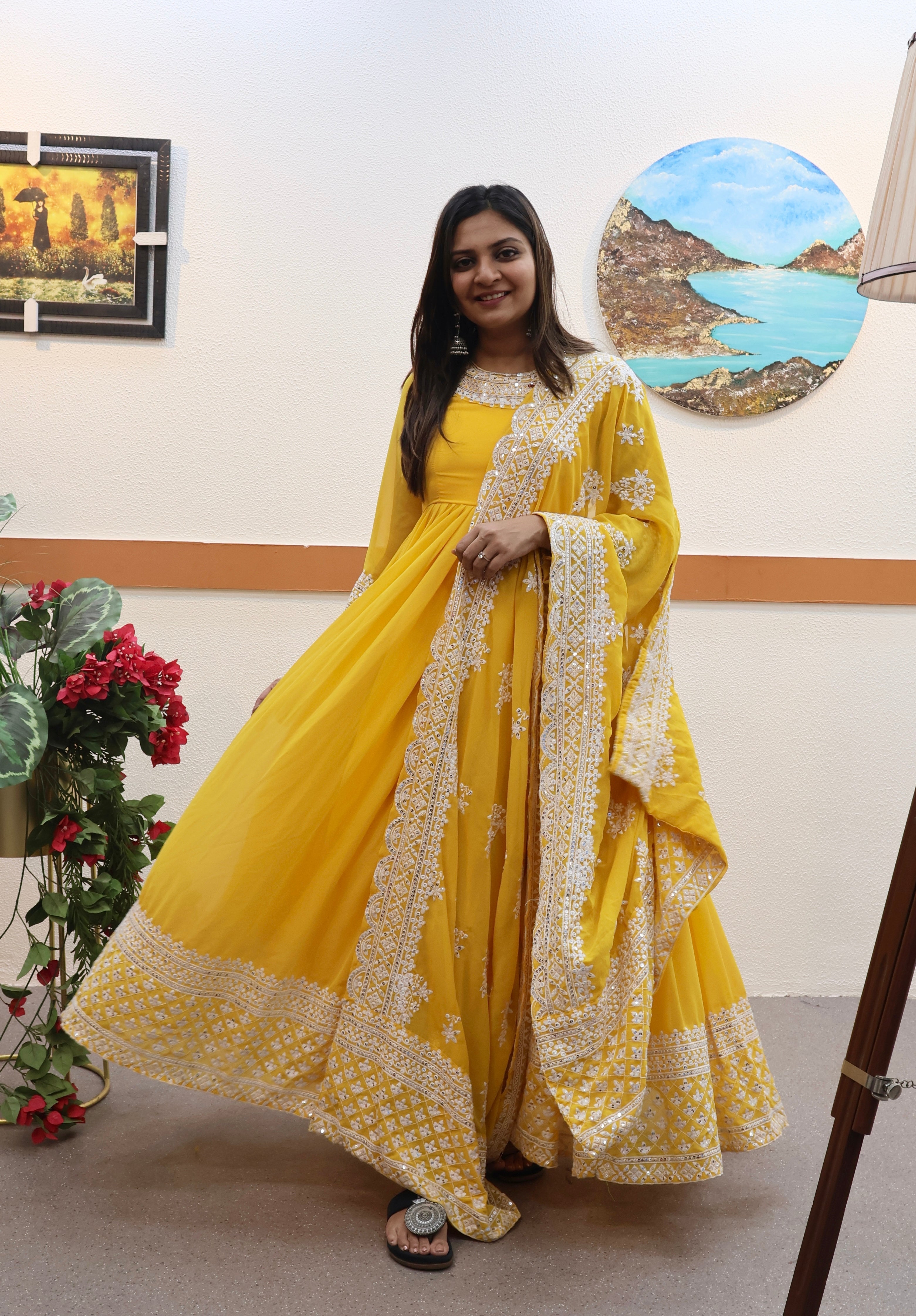 Breathtaking Faux Georgette Sequins Cording Worked Designer Gown - Ethnicwish