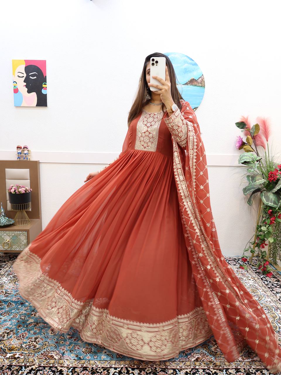 Breathtaking Faux Georgette Sequins Cording Worked Designer Gown - Ethnicwish