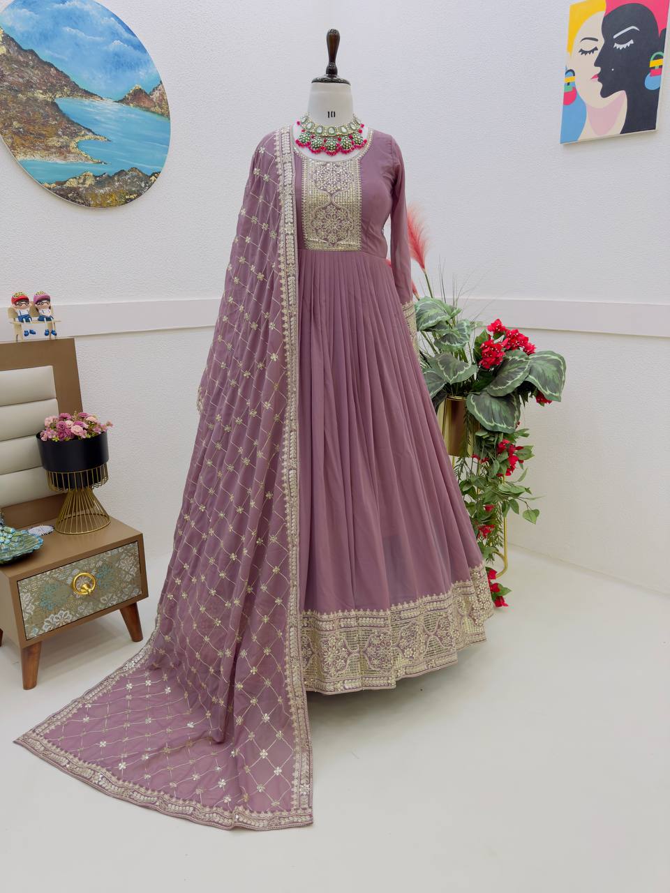 Breathtaking Faux Georgette Sequins Cording Worked Designer Gown - Ethnicwish