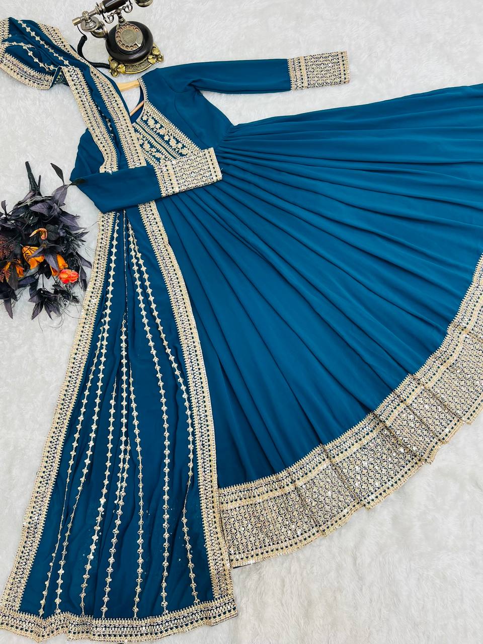 Breathtaking Faux Georgette Sequins Cording Worked Designer Gown - Ethnicwish