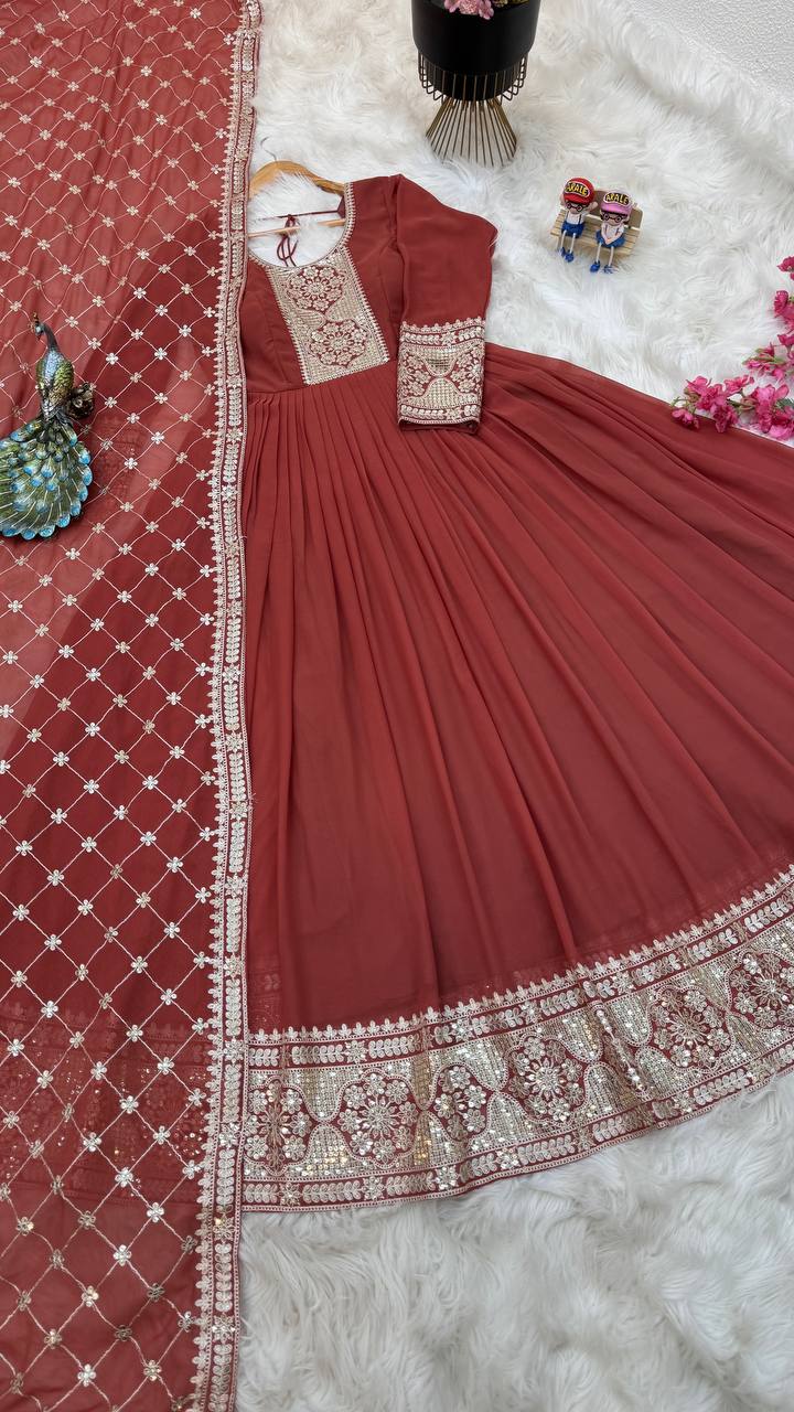 Breathtaking Faux Georgette Sequins Cording Worked Designer Gown - Ethnicwish