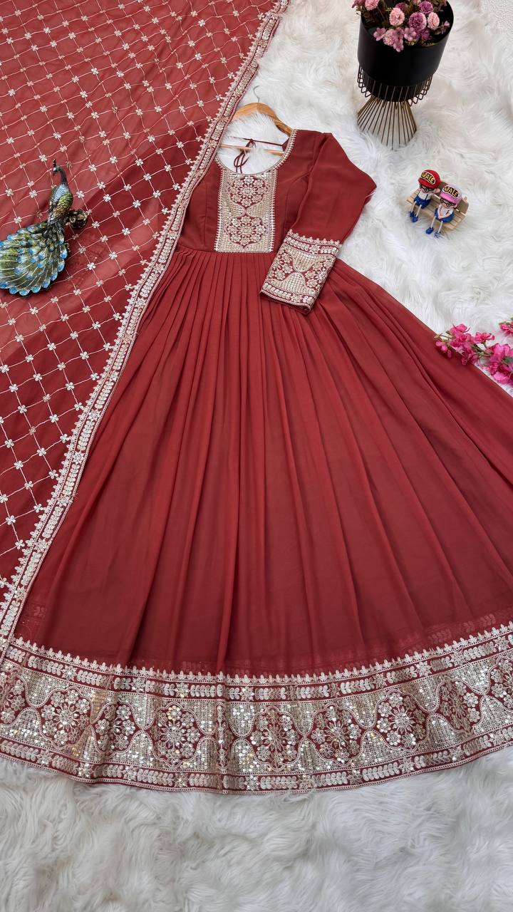 Breathtaking Faux Georgette Sequins Cording Worked Designer Gown - Ethnicwish
