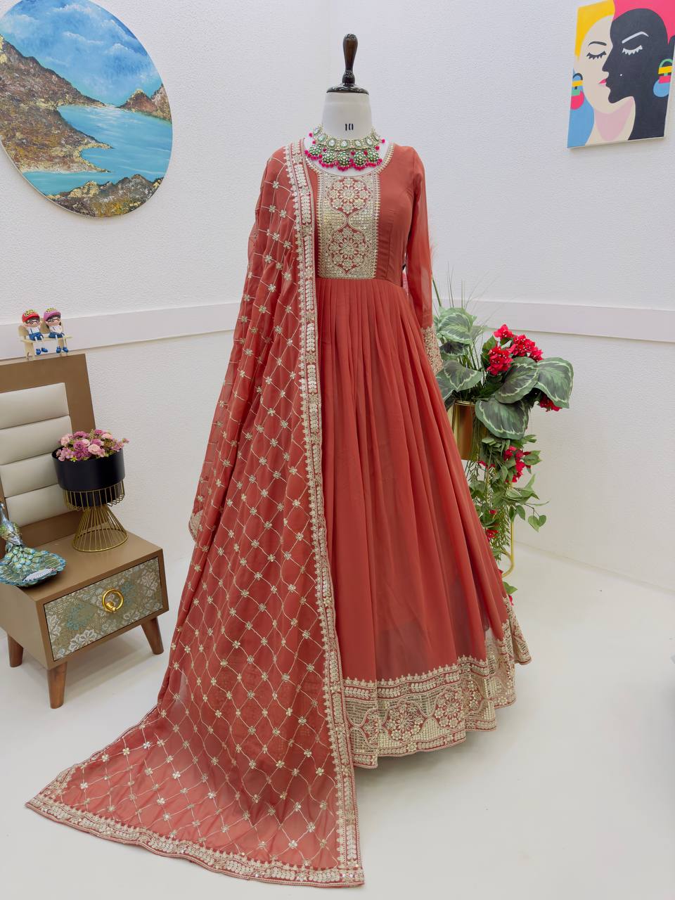 Breathtaking Faux Georgette Sequins Cording Worked Designer Gown - Ethnicwish
