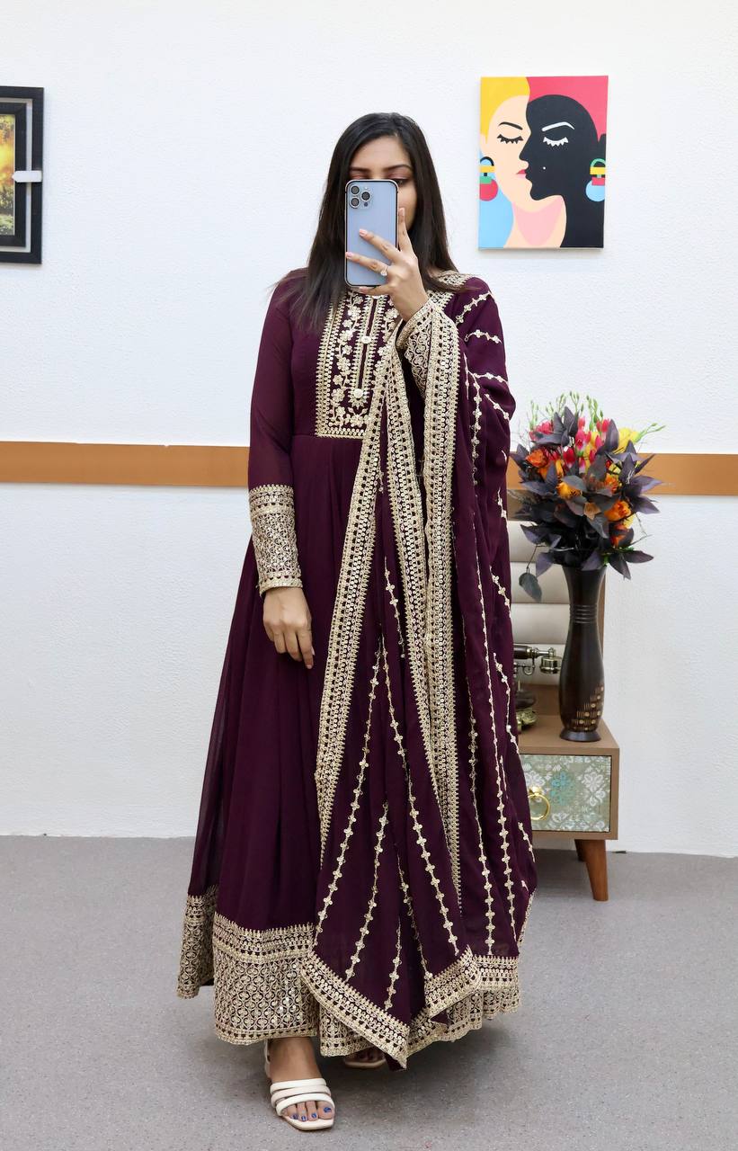 Breathtaking Faux Georgette Sequins Cording Worked Designer Gown - Ethnicwish