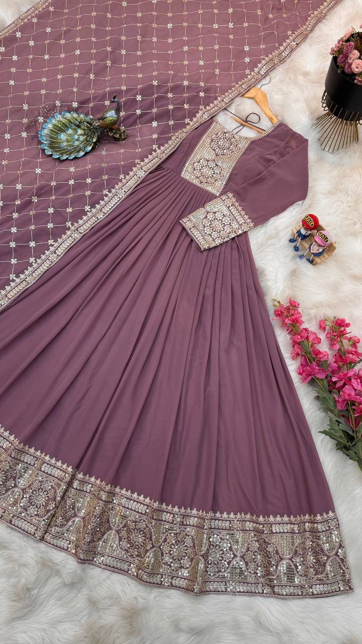 Breathtaking Faux Georgette Sequins Cording Worked Designer Gown - Ethnicwish