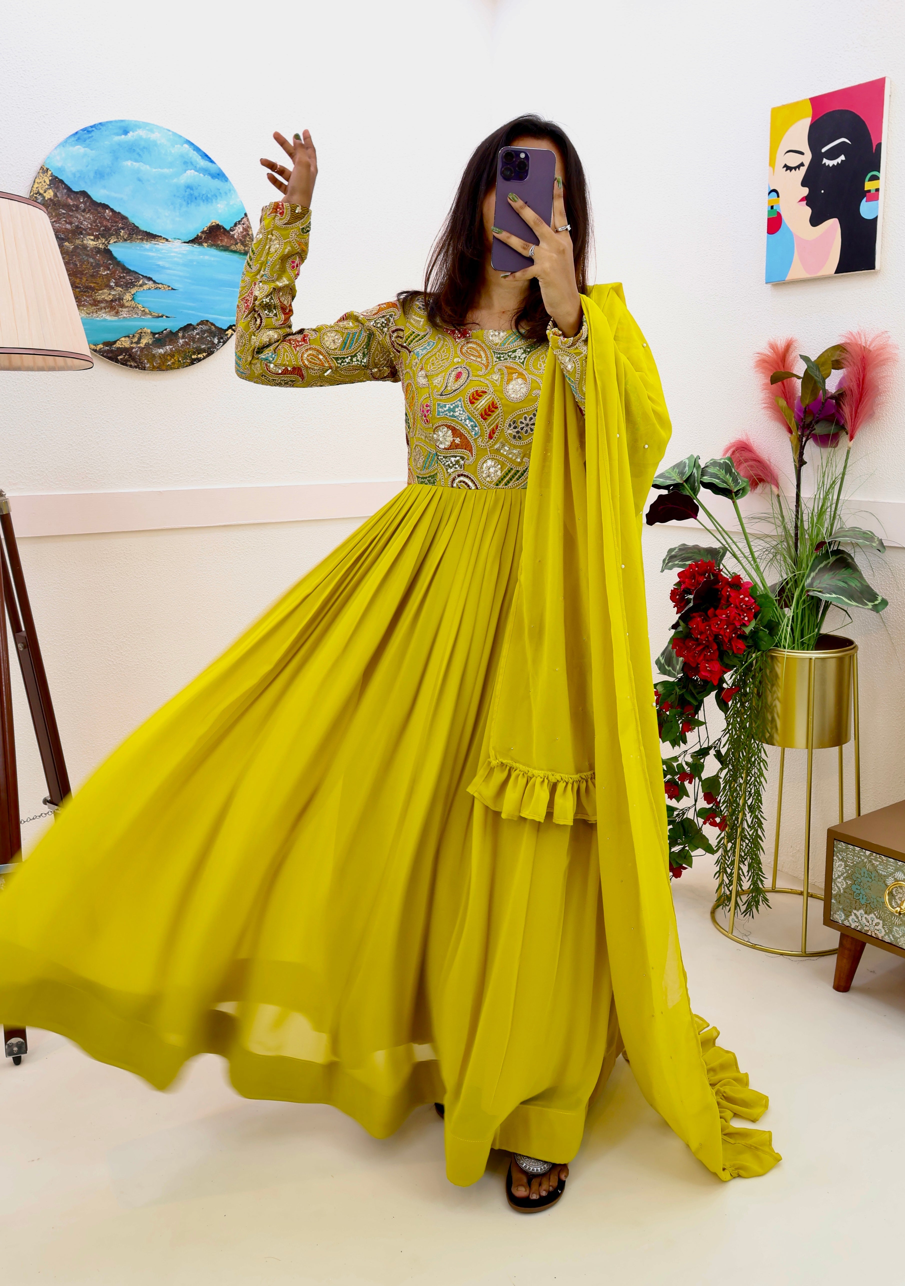 Breathtaking Faux Georgette Sequins Cording Worked Designer Gown - Ethnicwish