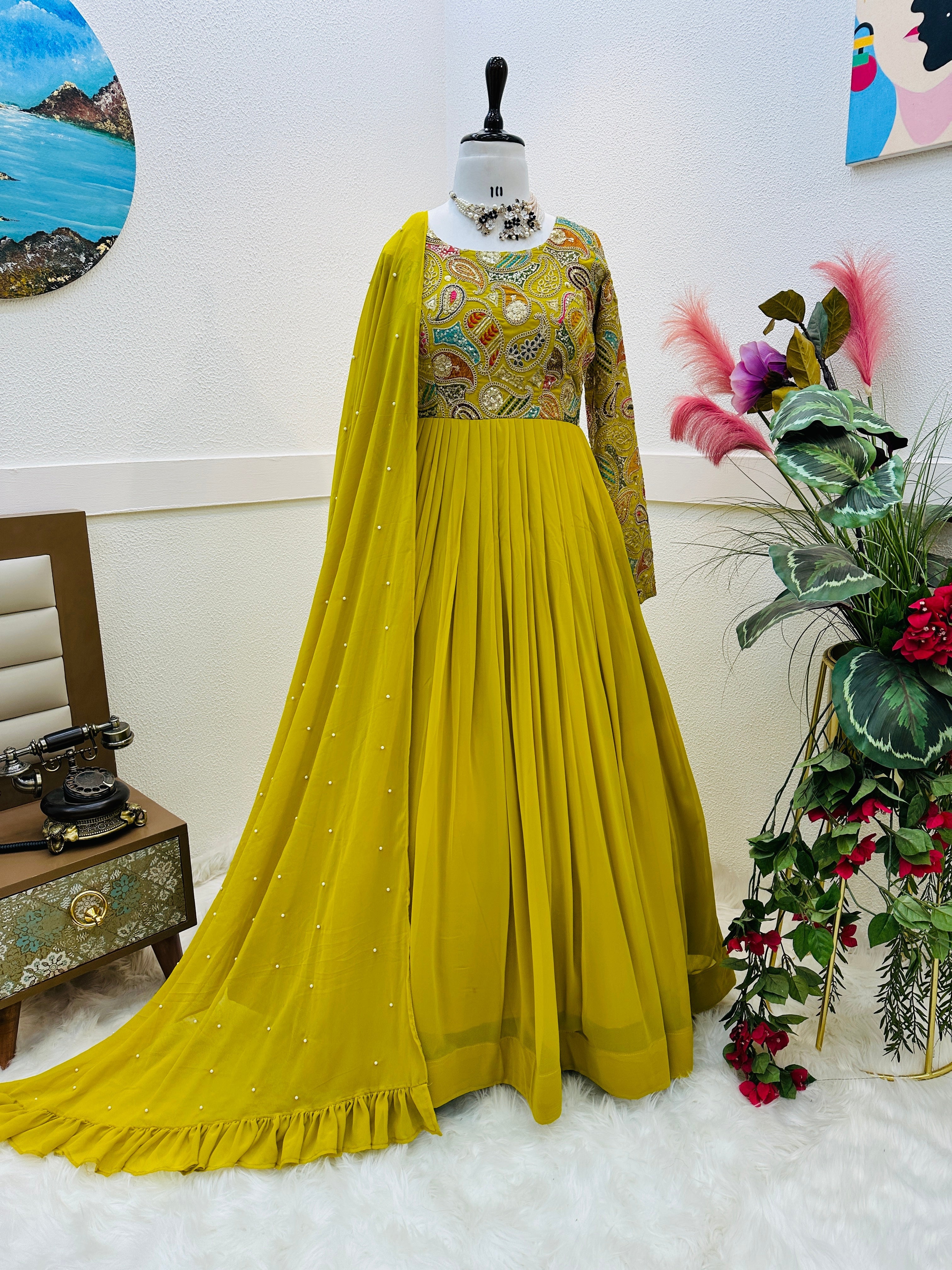 Breathtaking Faux Georgette Sequins Cording Worked Designer Gown - Ethnicwish