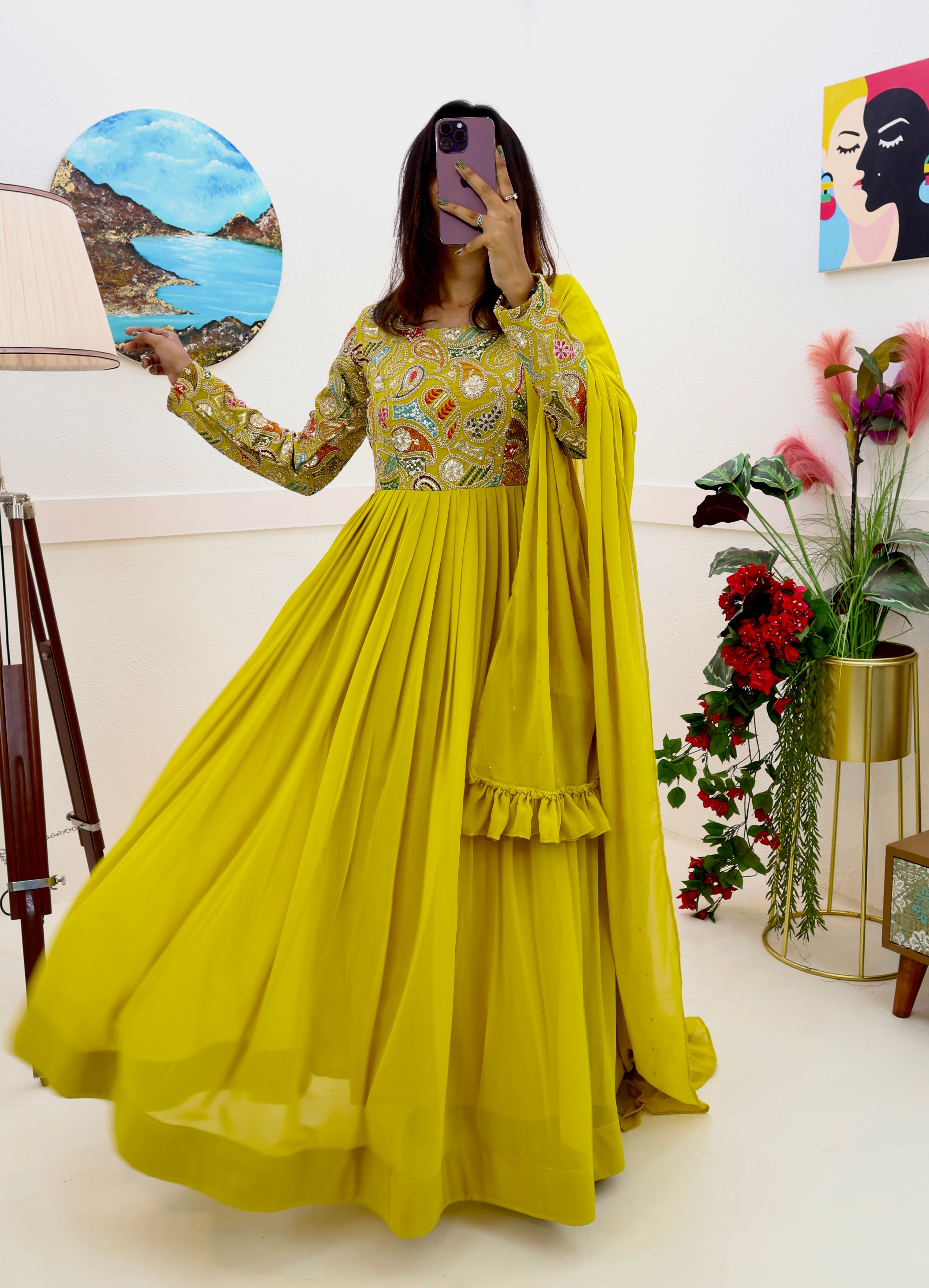 Breathtaking Faux Georgette Sequins Cording Worked Designer Gown - Ethnicwish